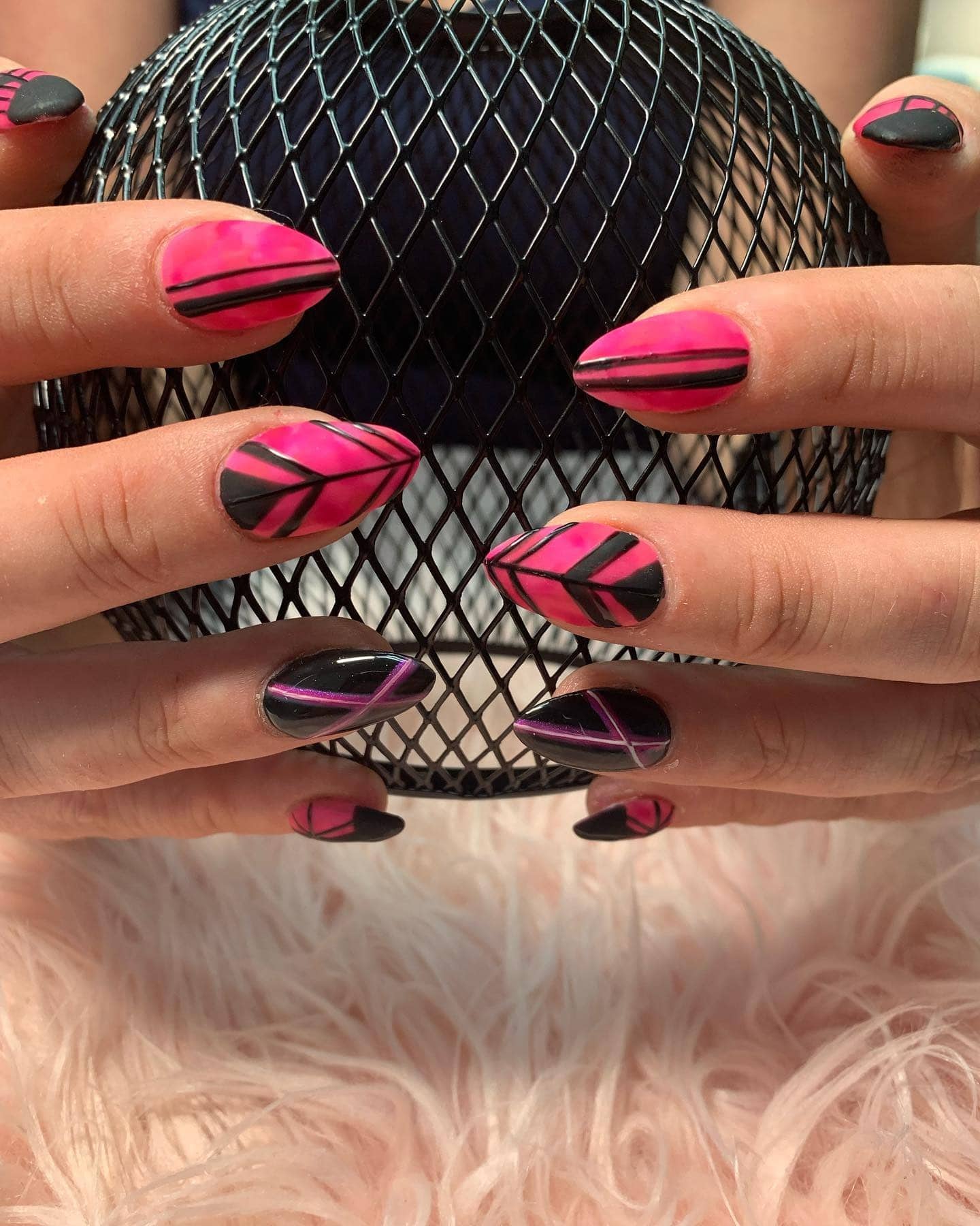 11. Geometric Pink and Black Lines - hot pink and black nail ideas