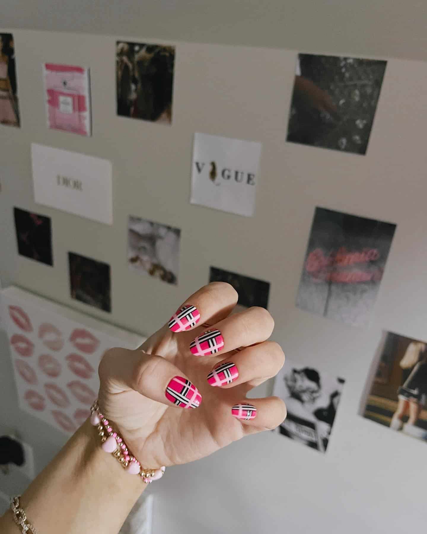 21. Pink and Black Plaid Nails - hot pink and black nail ideas