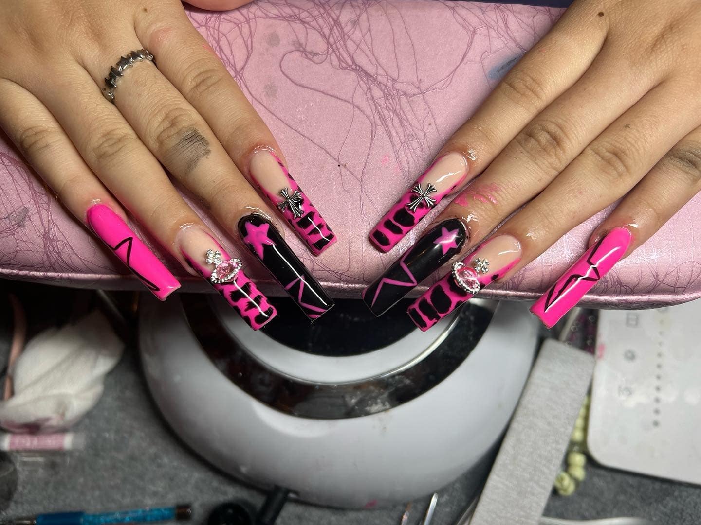 22. Glam Pink and Black Coffin Nails with Charms - hot pink and black nail ideas