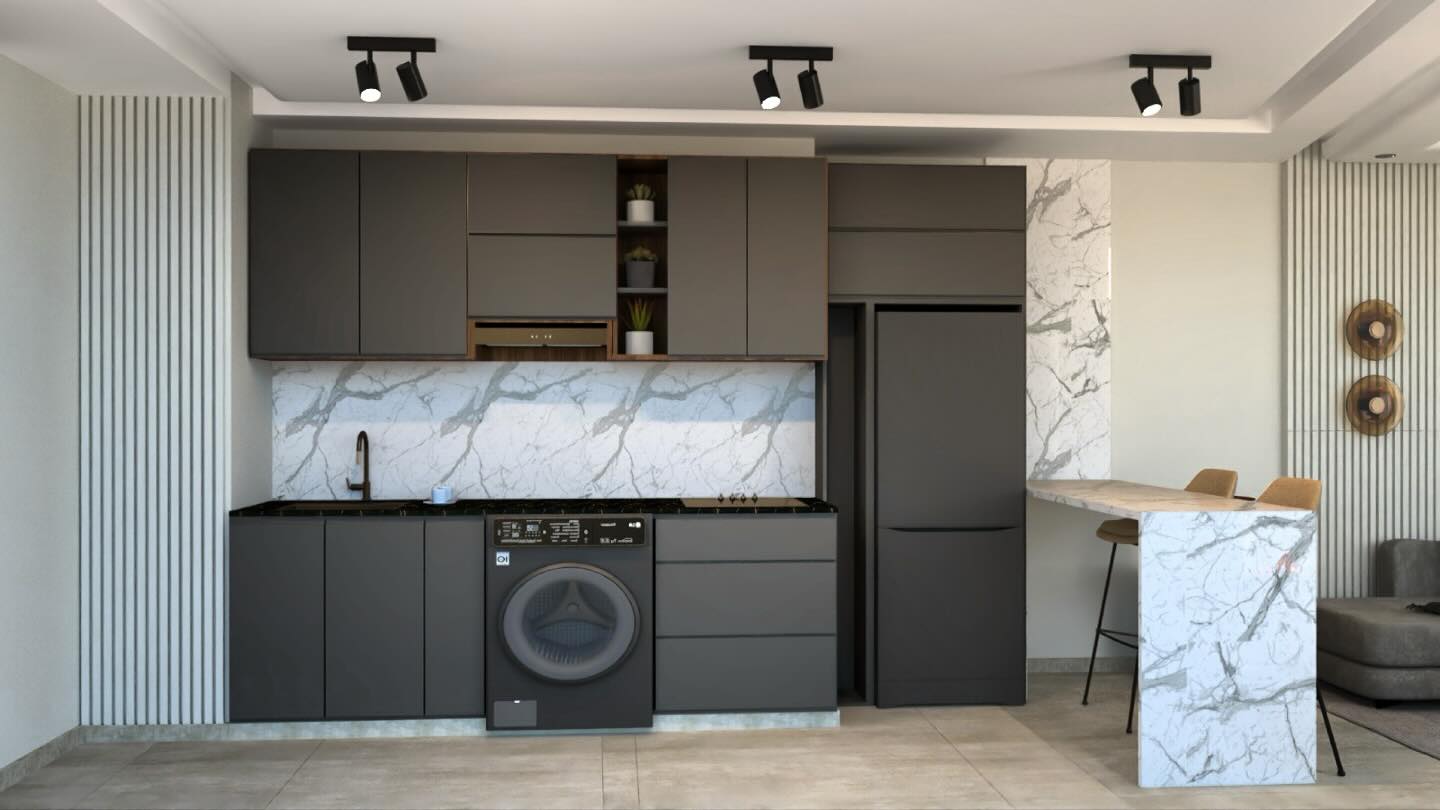 20. Marble and Matte Grey Compact Studio Kitchen - studio kitchen ideas