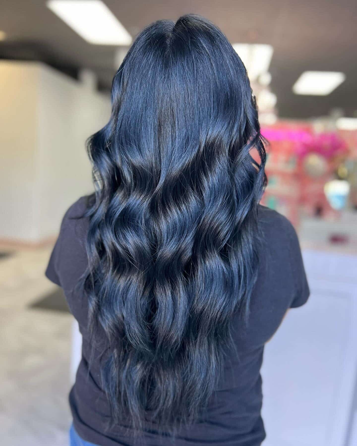 4. Glossy Hollywood Waves - Blue Black Hair Color