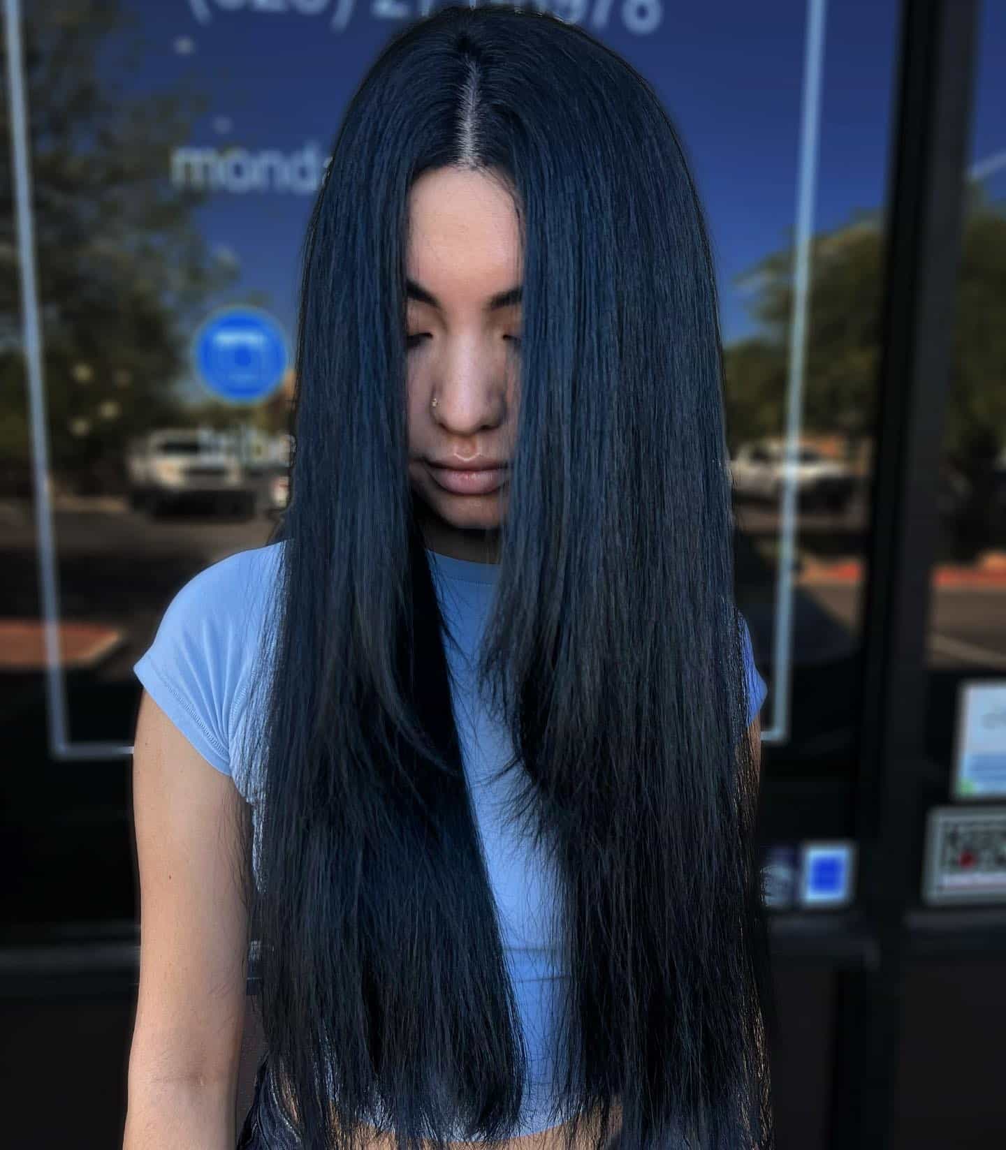 5. Sleek and Straight Midnight Layers - Blue Black Hair Color