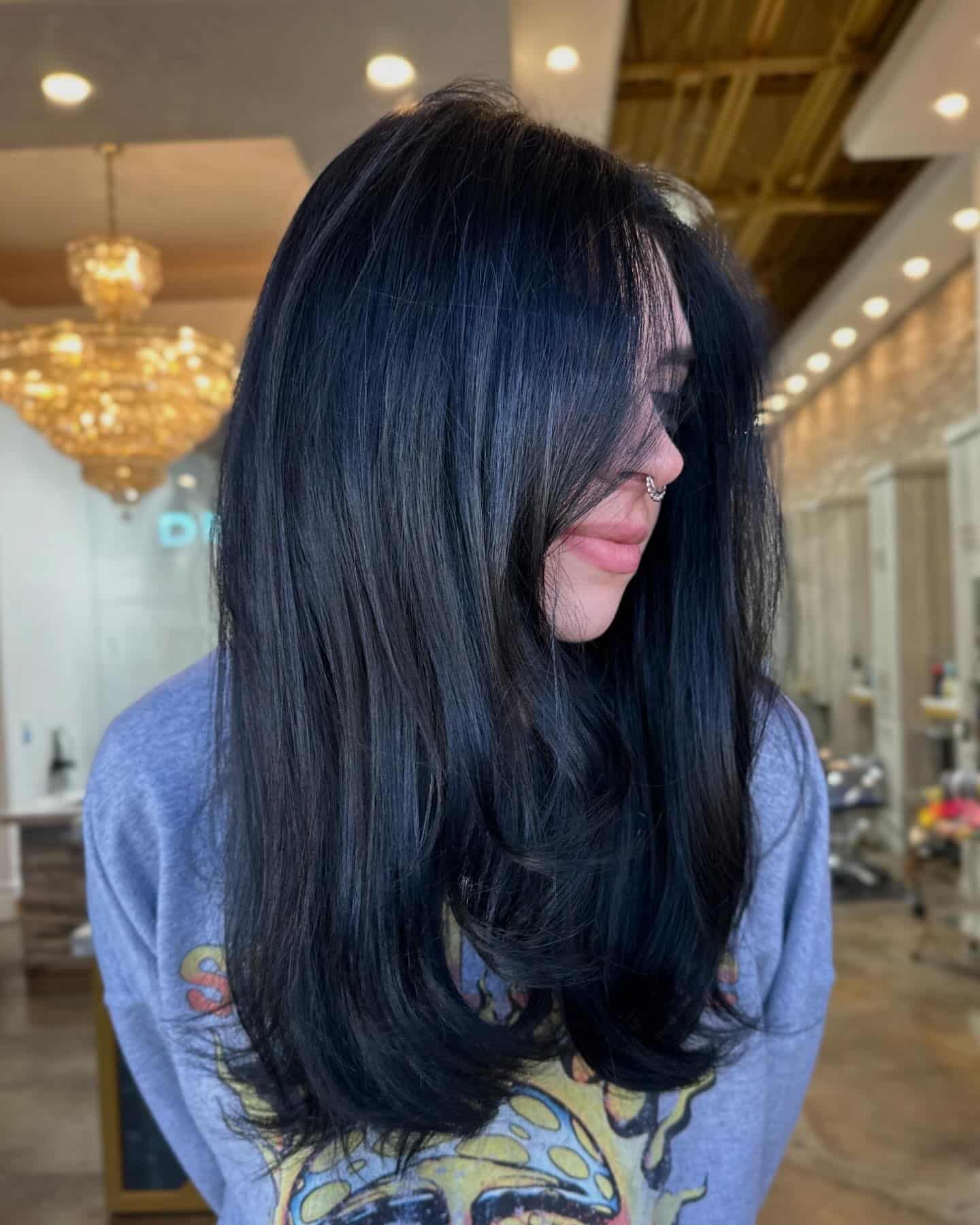 12. Layered Blue-Black with Curtain Framing - Blue Black Hair Color