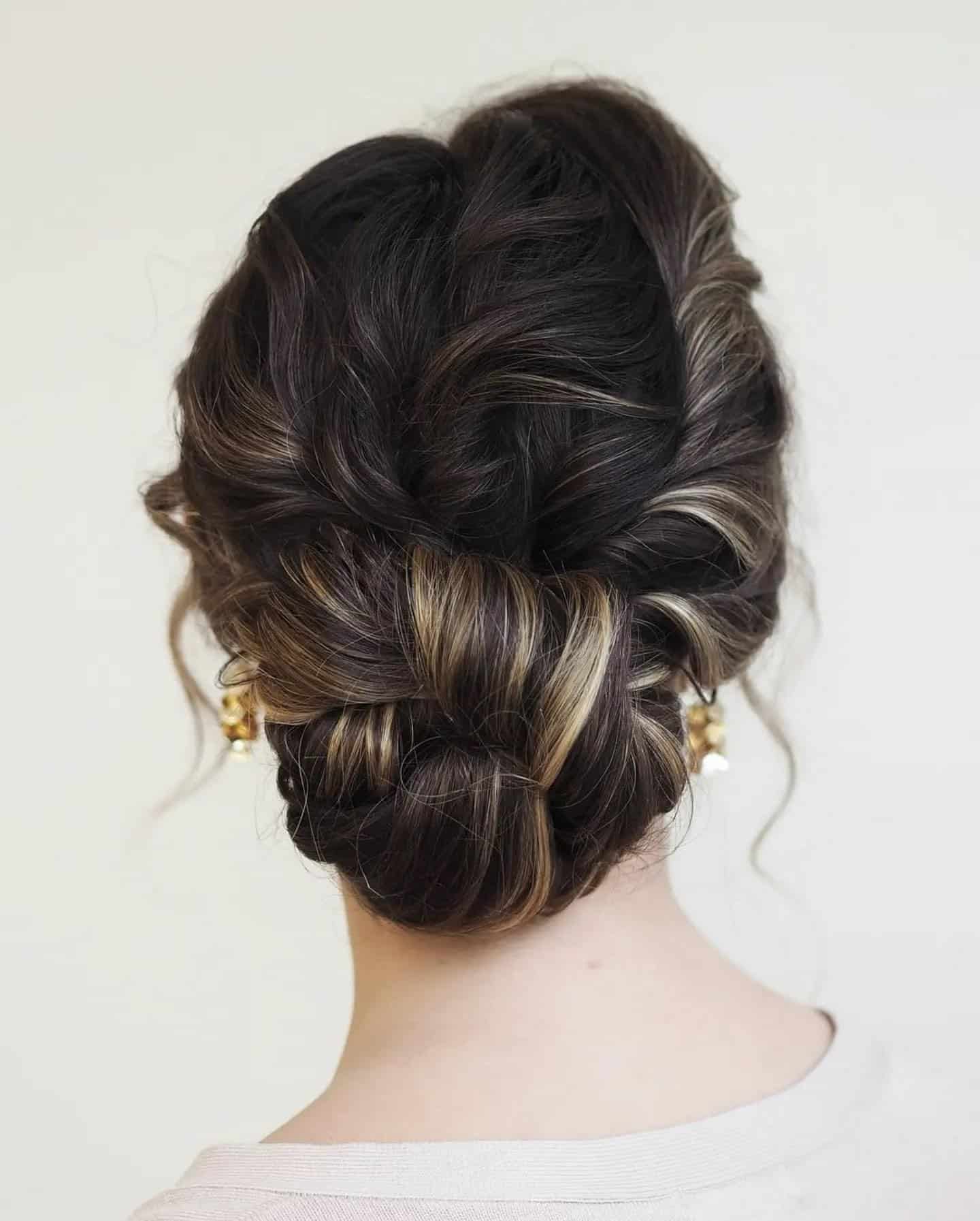 17. Textured Braid Bun in Dark Mocha with Highlights - Twist Braid Hairstyles