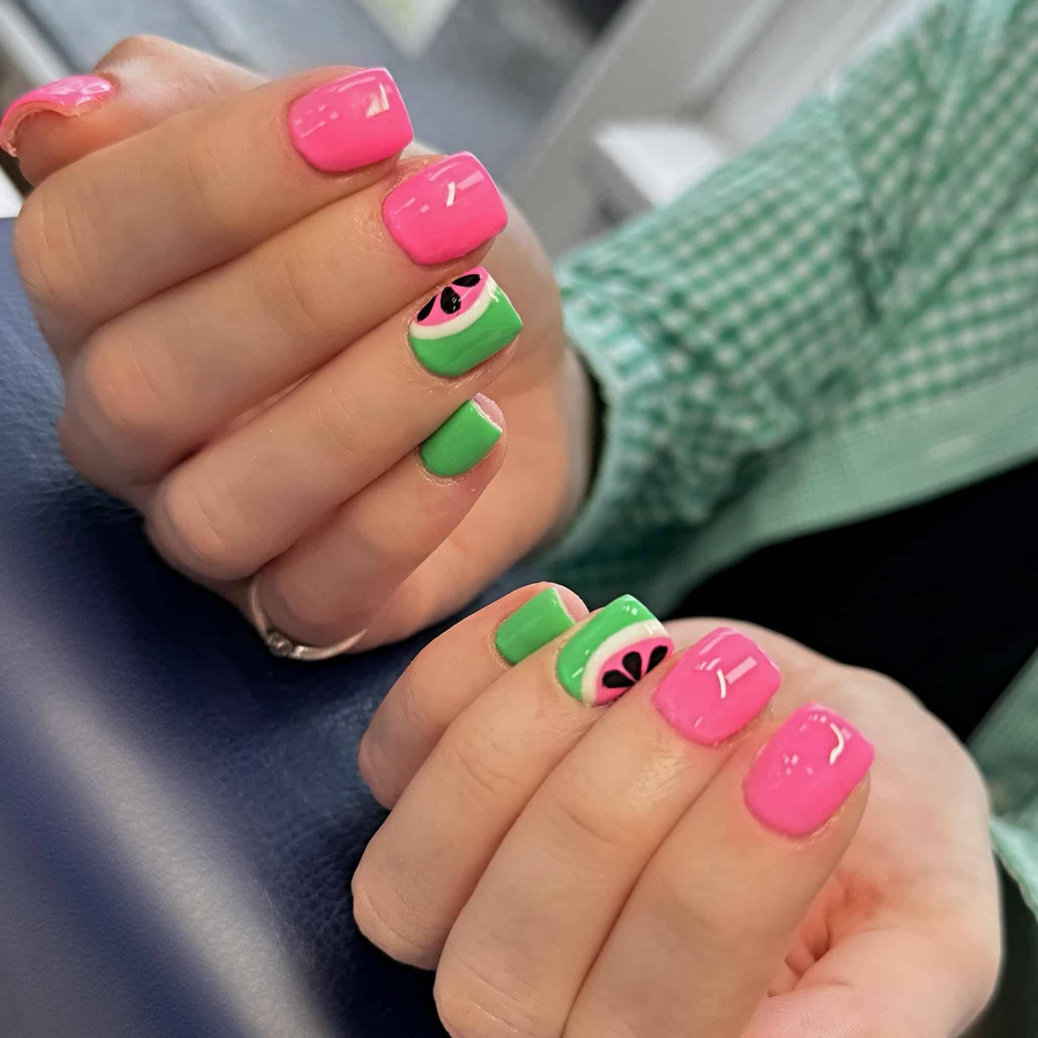1. Watermelon Pop Art Nails in Pink and Green - june nail ideas