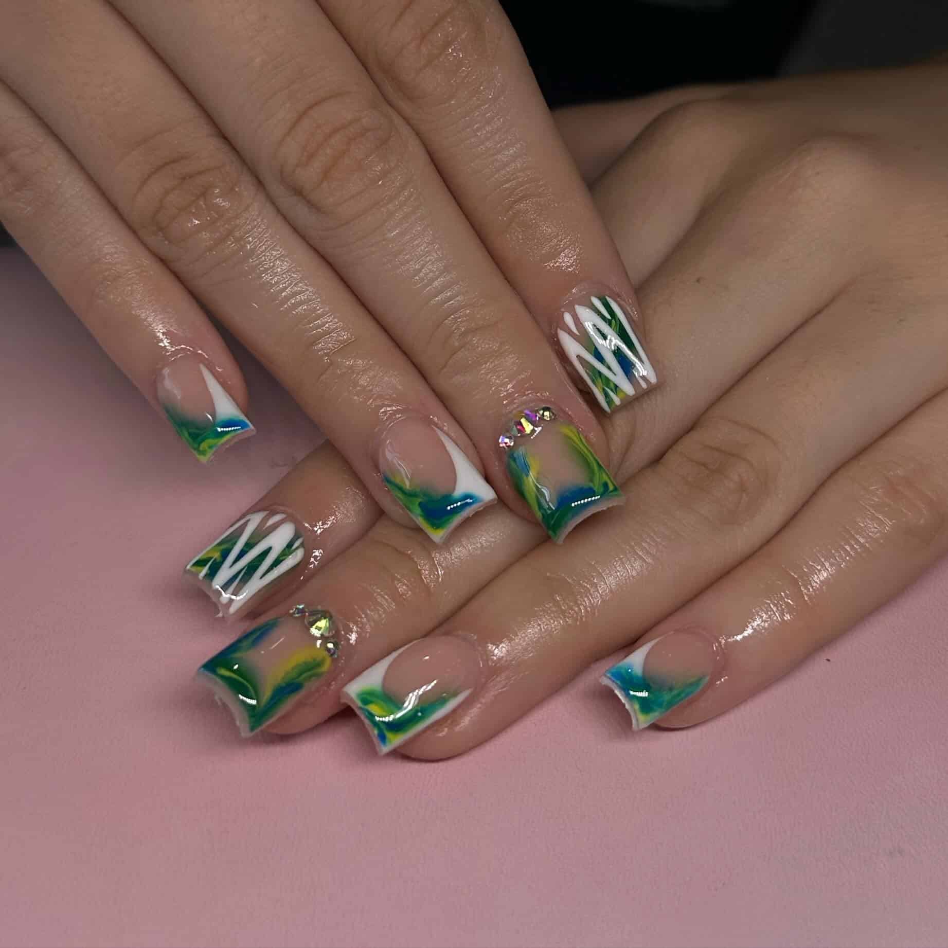 4. Tropical Swirl French Tips in Blue and Green - june nail ideas