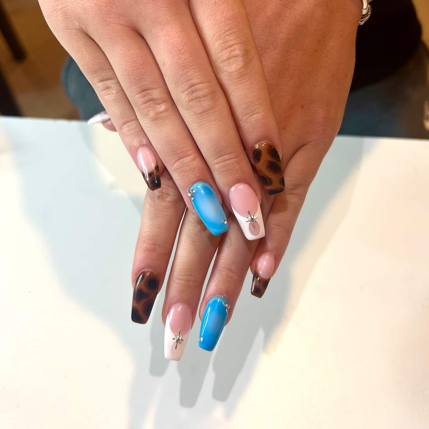 7. Mixed Media Nails in Blue, White, and Tortoiseshell - june nail ideas