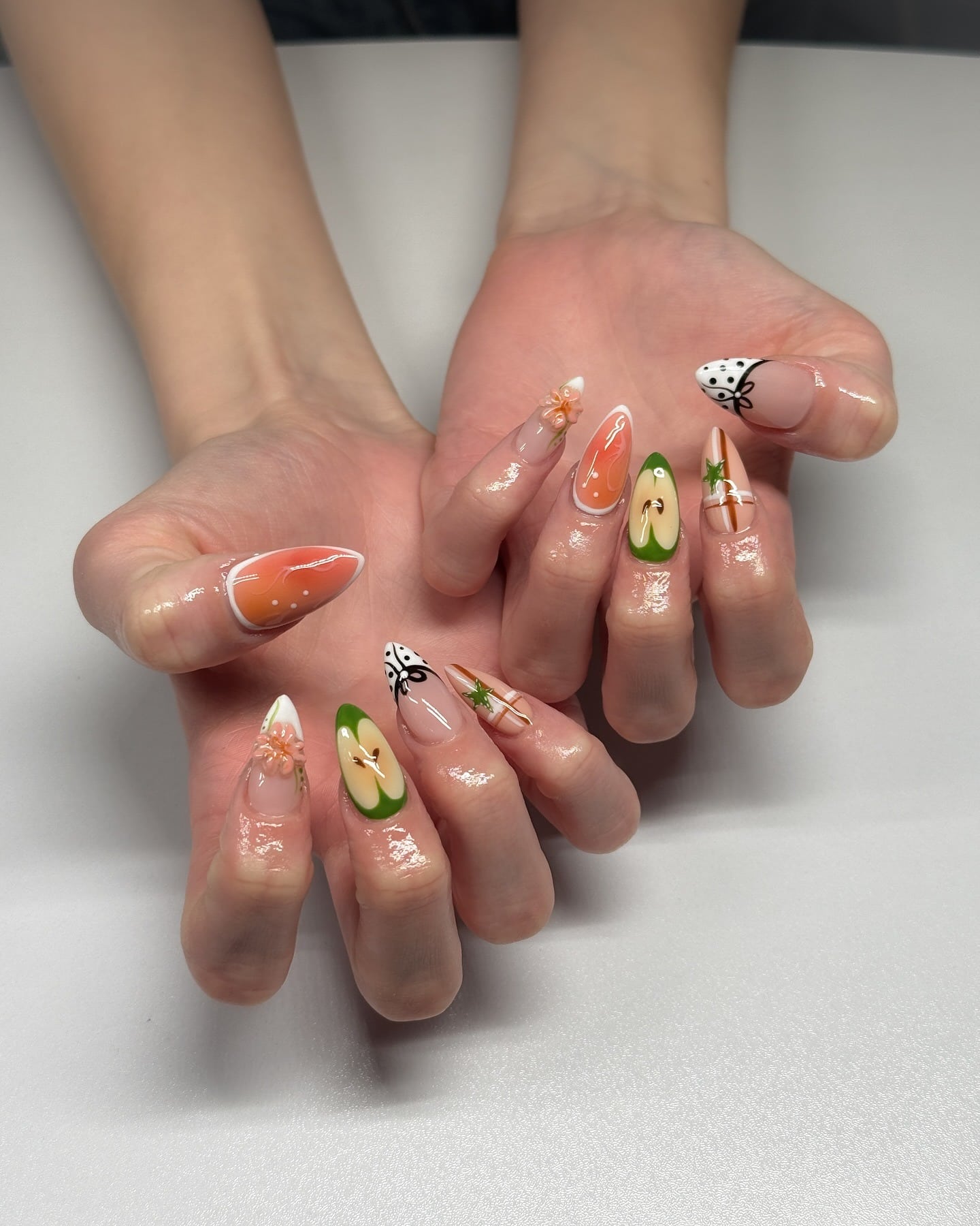 9. Fruit Garden Nail Art in Orange and Green - june nail ideas