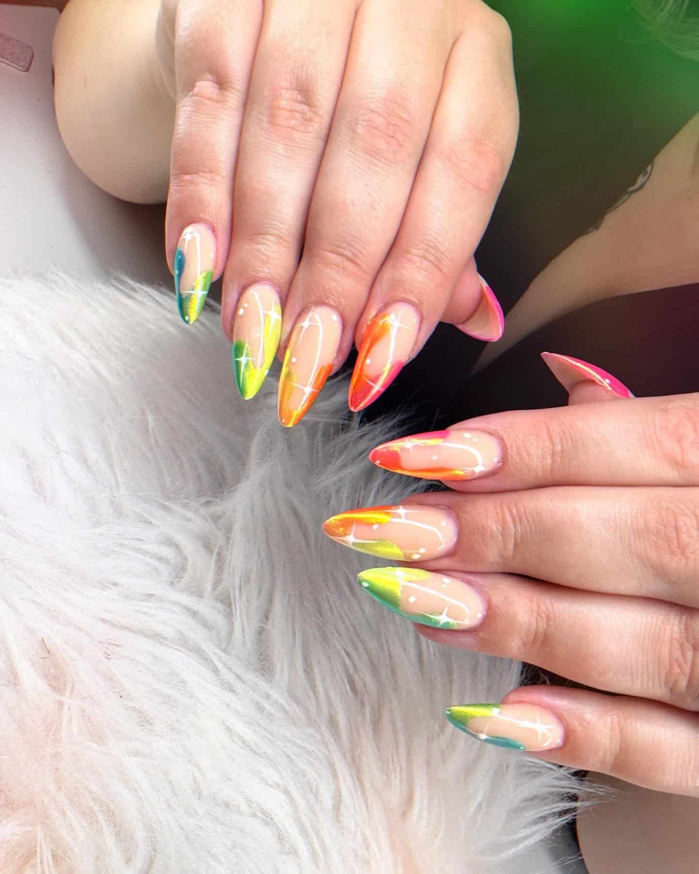 11. Sunset Ombre Neon Nails with Abstract Lines - june nail ideas