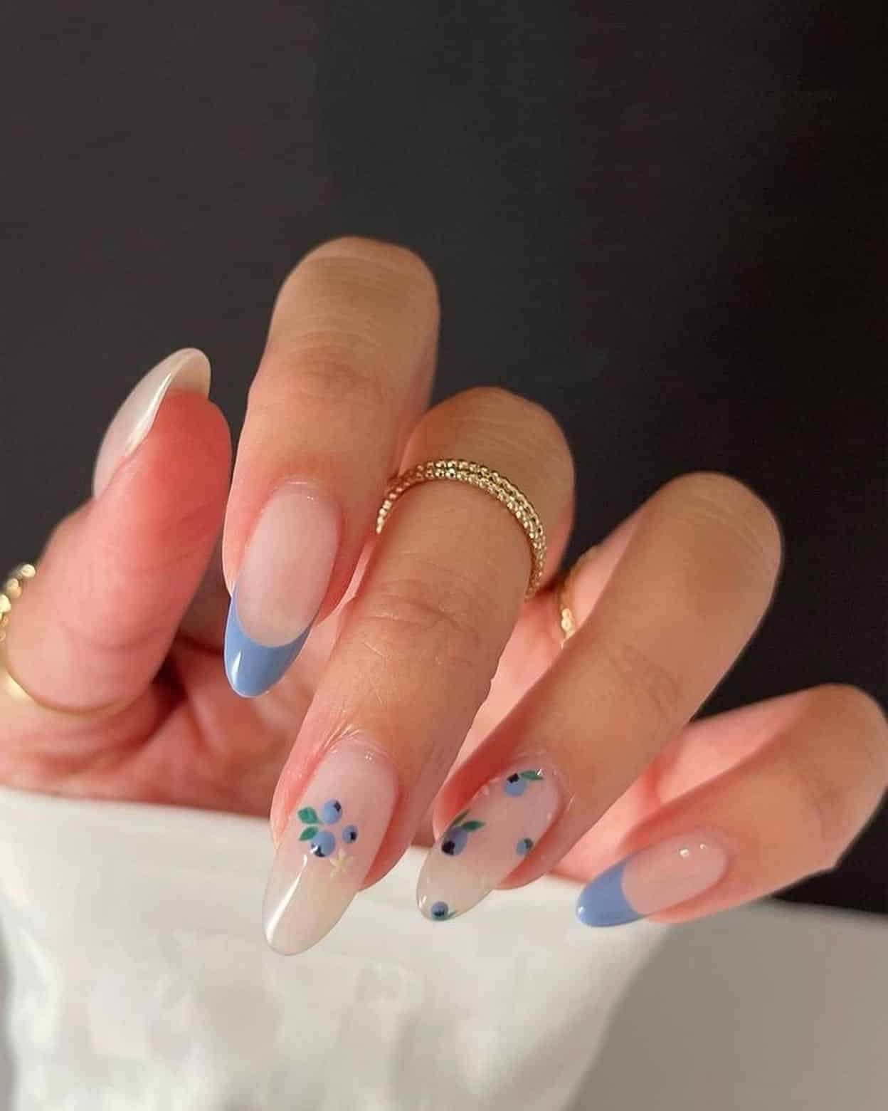 15. Blue French Tips with Floral Detailing - june nail ideas