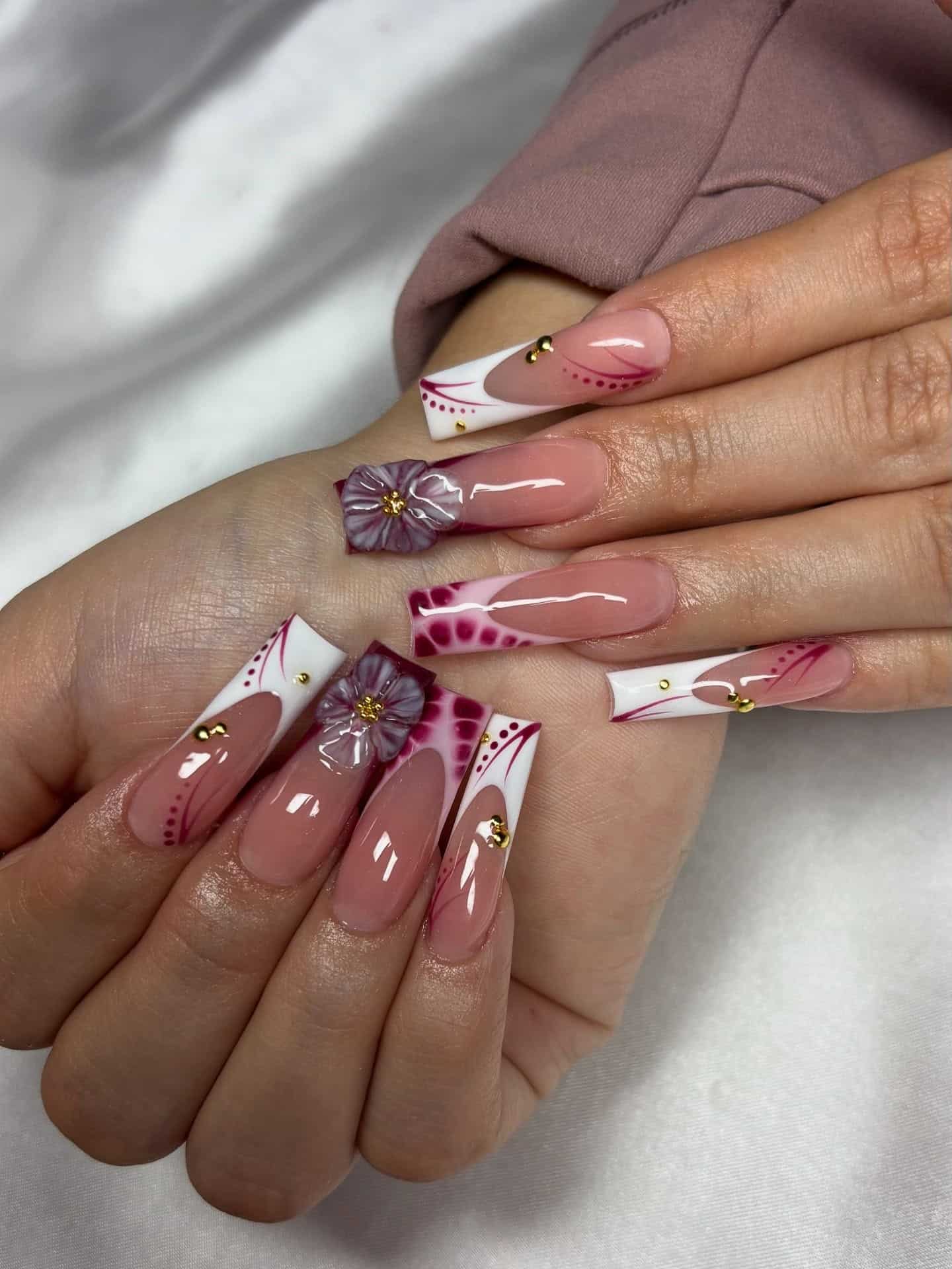 18. Burgundy Floral French Nails with 3D Accents - june nail ideas