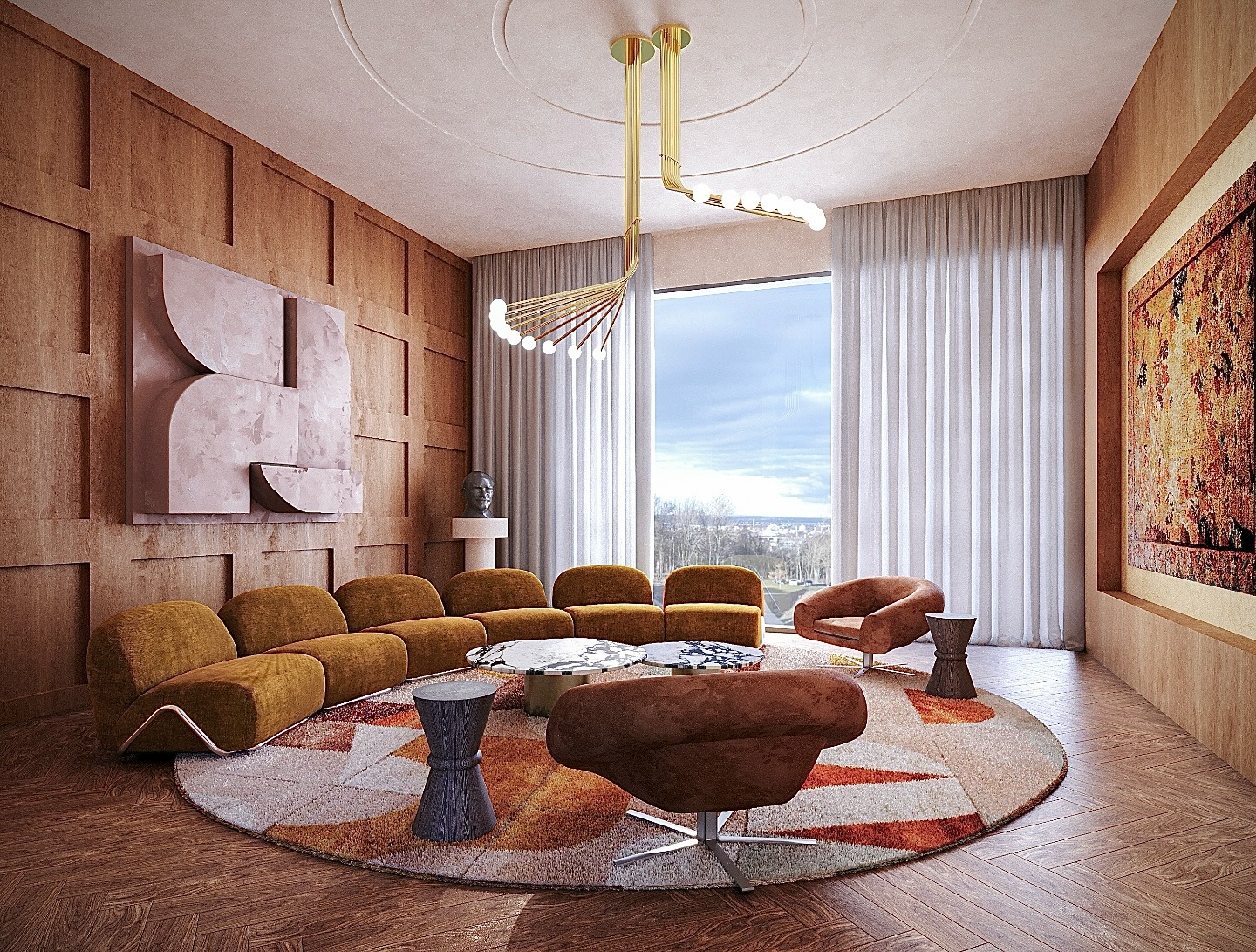 4. Mid-Century Glam with Geometric Flair - light brown sofa living room ideas