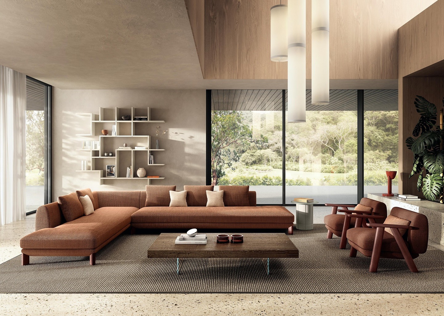11. Contemporary Warmth with Expansive Views - light brown sofa living room ideas