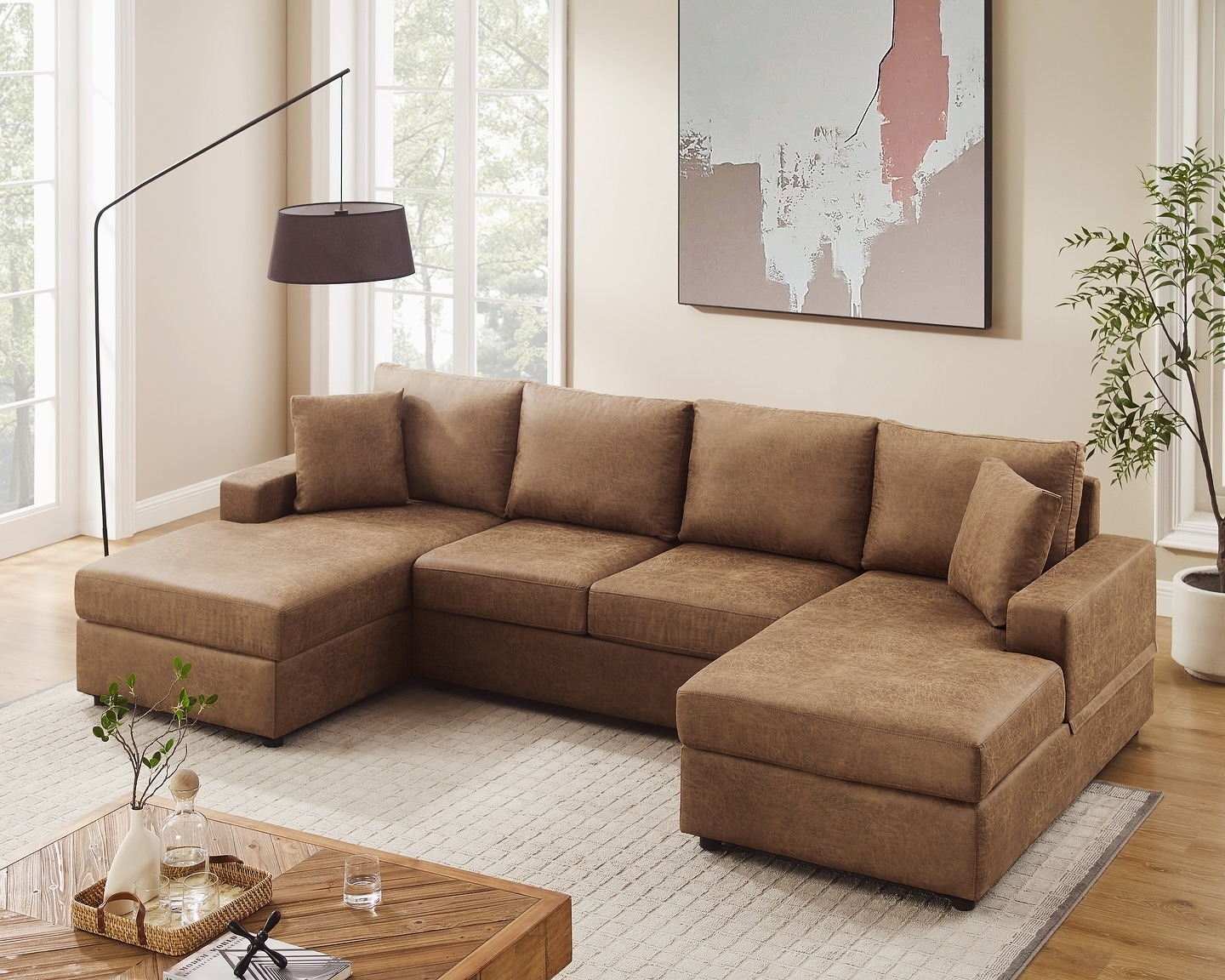 19. Balanced Neutrality with Structured Sectional - light brown sofa living room ideas