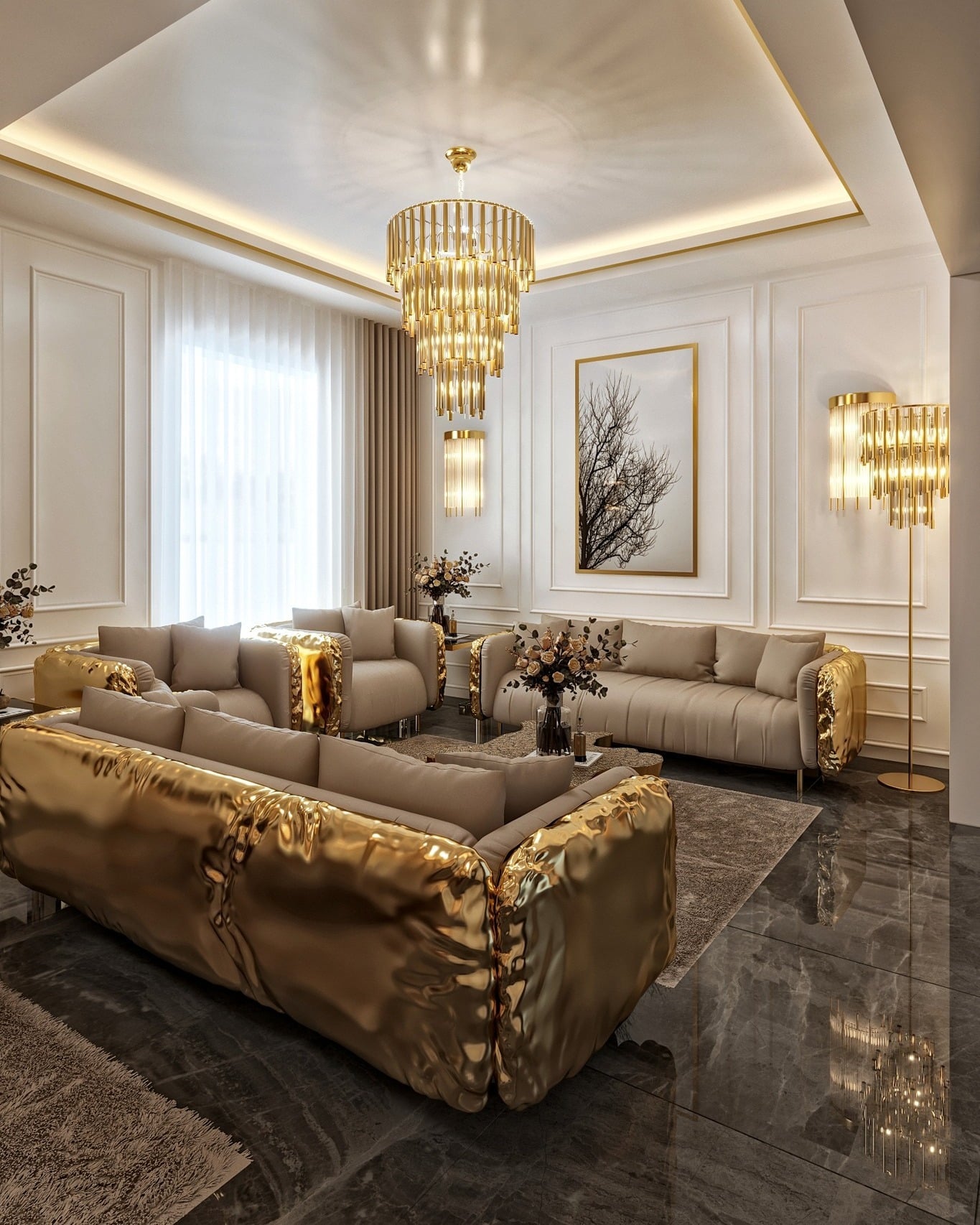 9. Luxe Gold Accents - contemporary small living room ideas