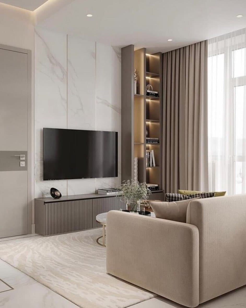 18. Neutral Elegance with Subtle Shine - contemporary small living room ideas