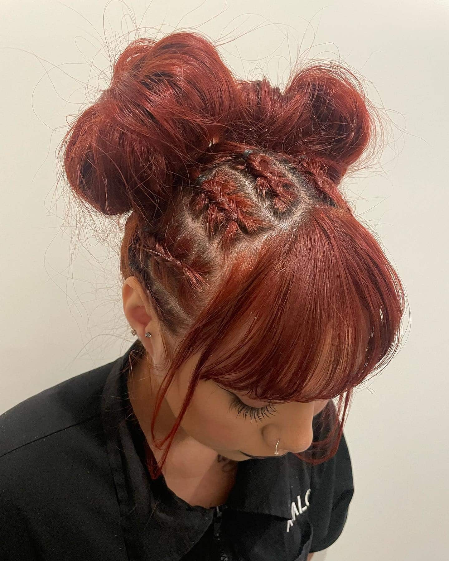 10. Braided Double Bun with Fringe on Red Copper Hair - Cute Hairstyles