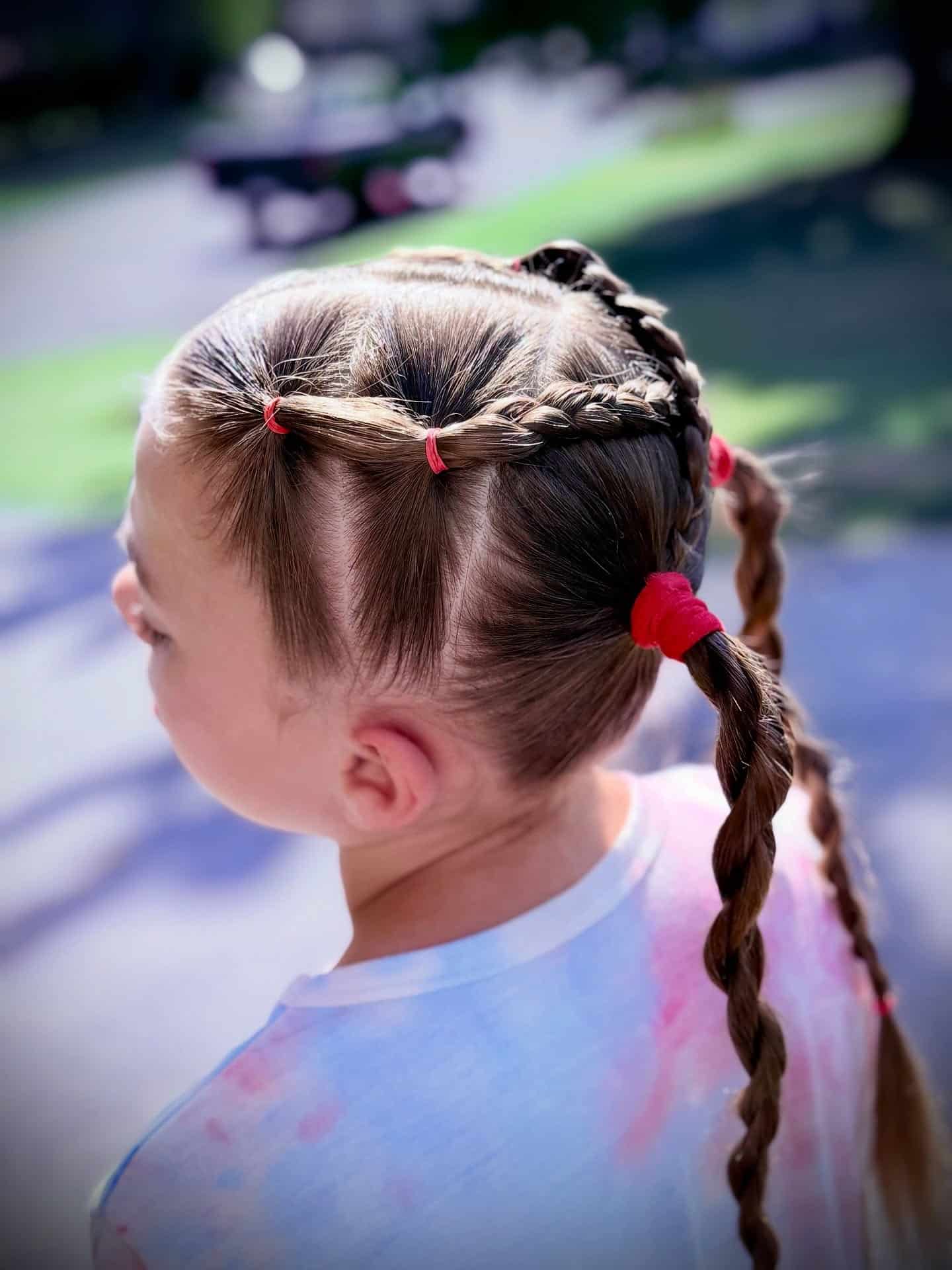 18. Double Braided Ponytails with Red Elastics on Light Brown Hair - Cute Hairstyles