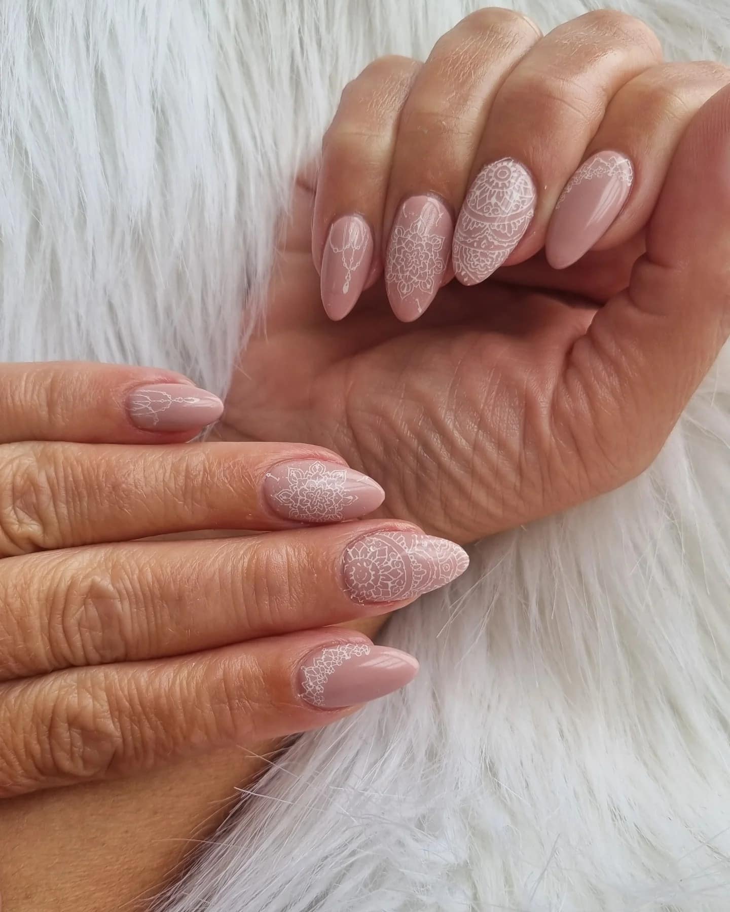 18. Lace-Inspired Nude Art - medium length nail ideas