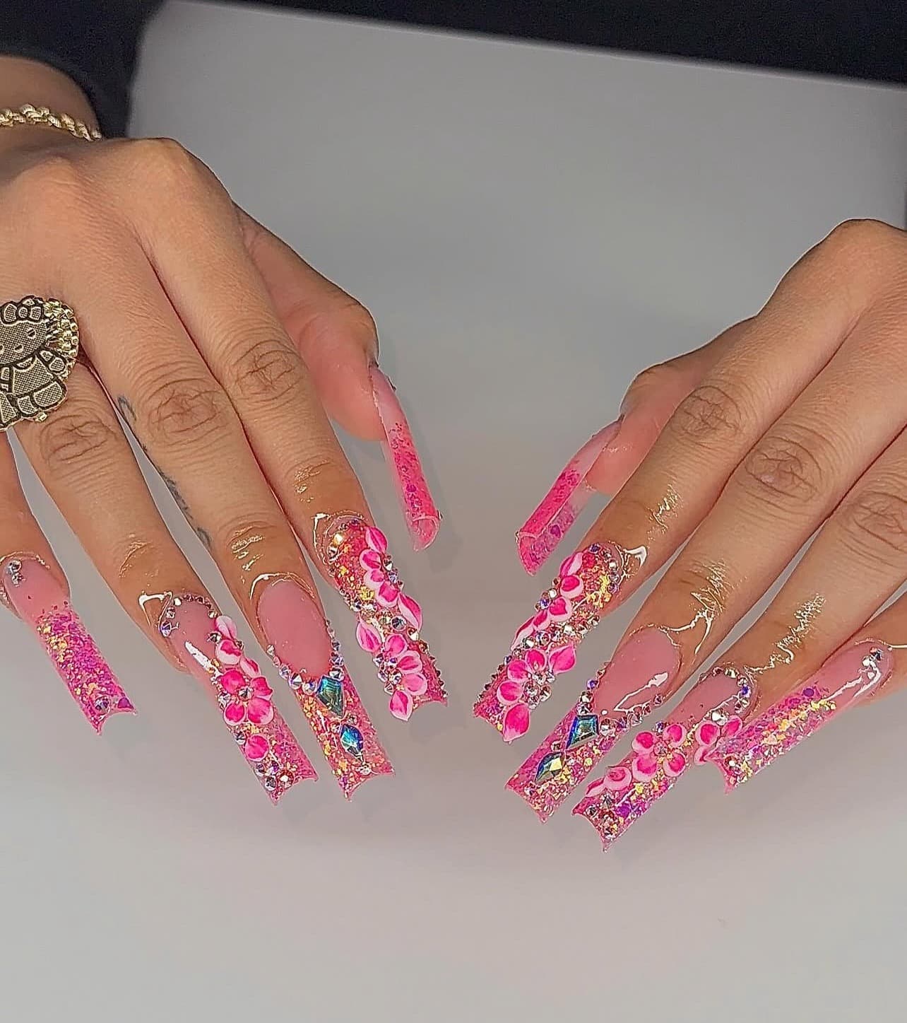 3. Pink Floral Fantasy Nails with Rhinestones - nail ideas for birthday
