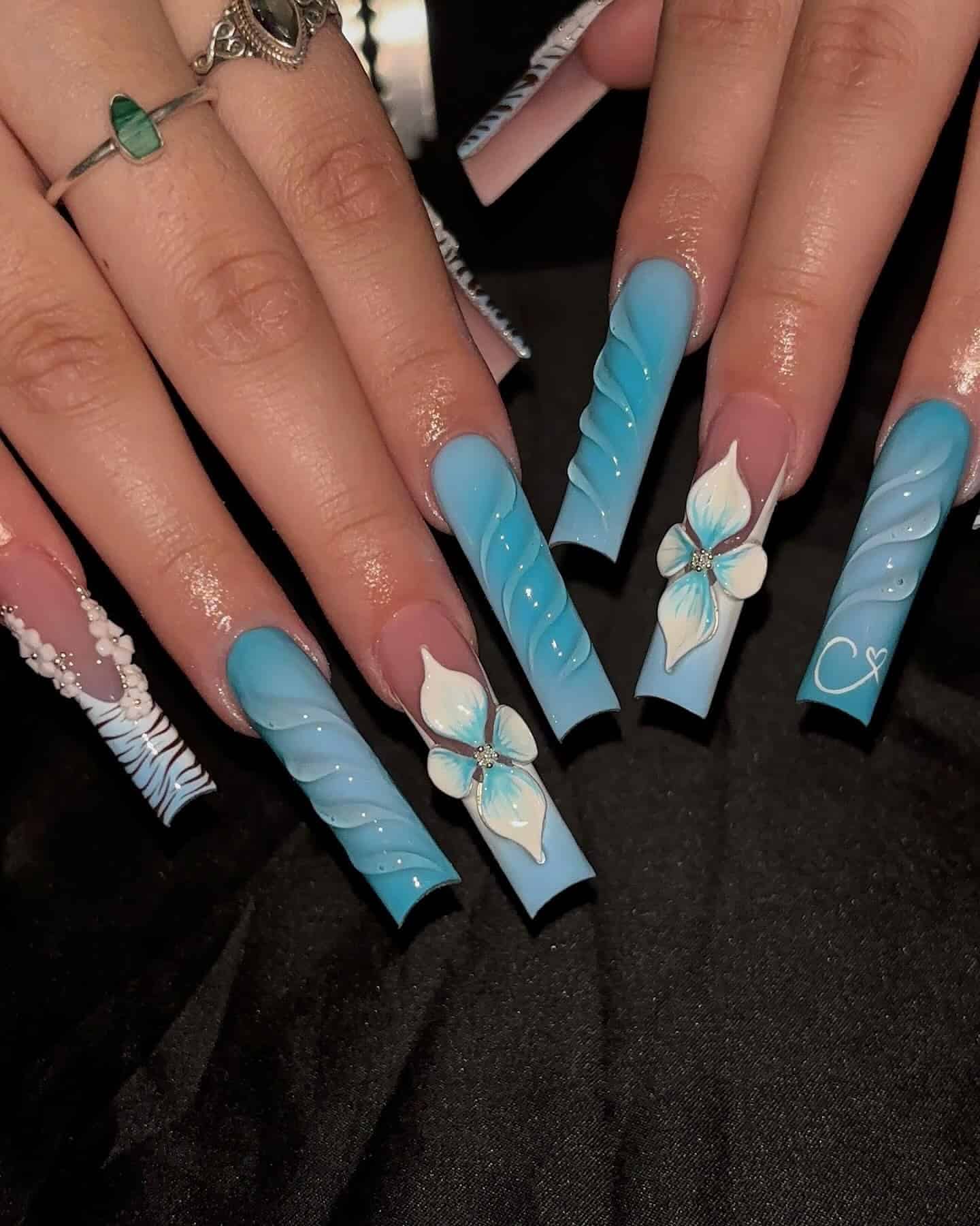 4. Blue 3D Floral Nails with Gradient Stripes - nail ideas for birthday