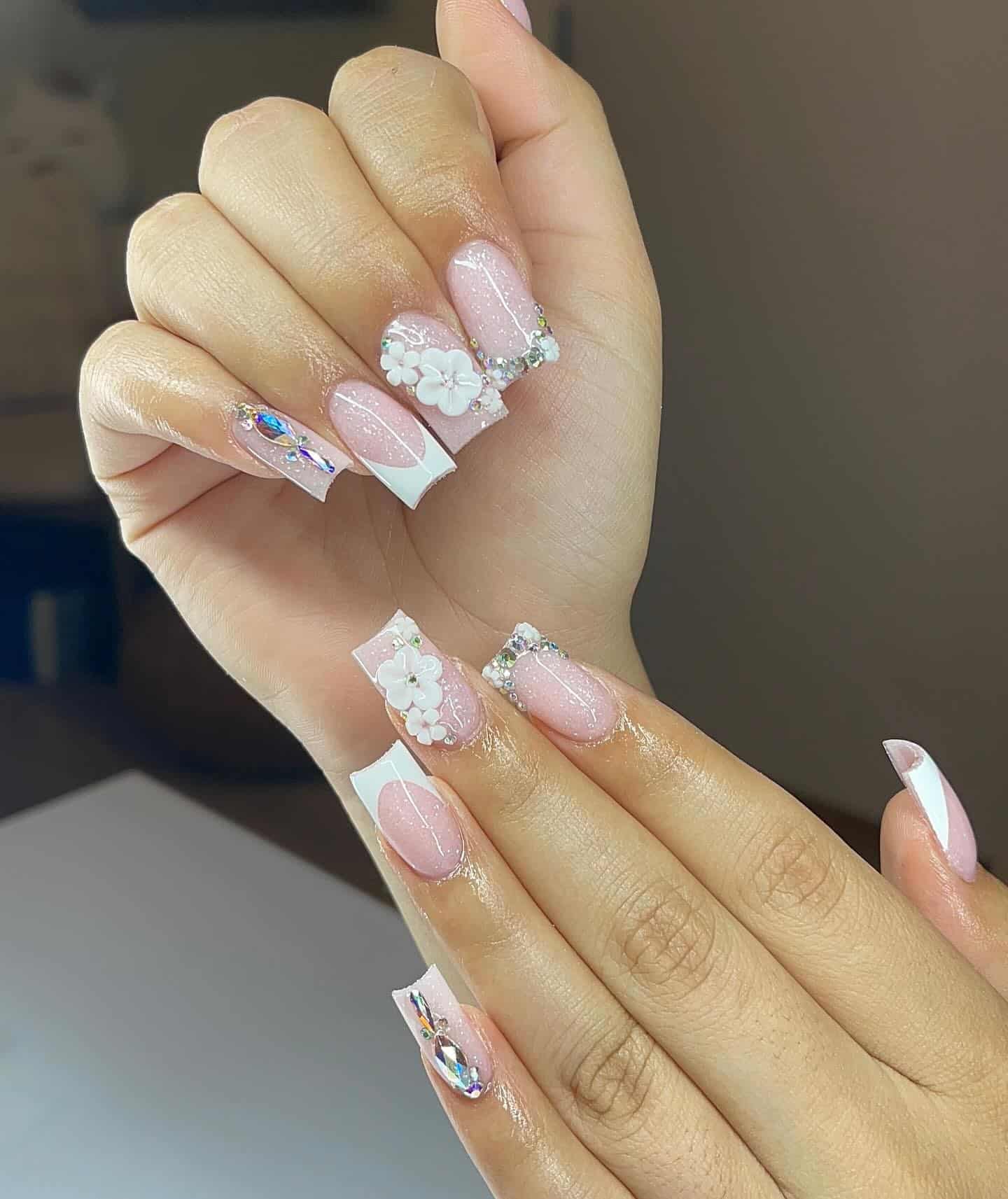 5. Soft Pink French with 3D Flowers and Crystals - nail ideas for birthday