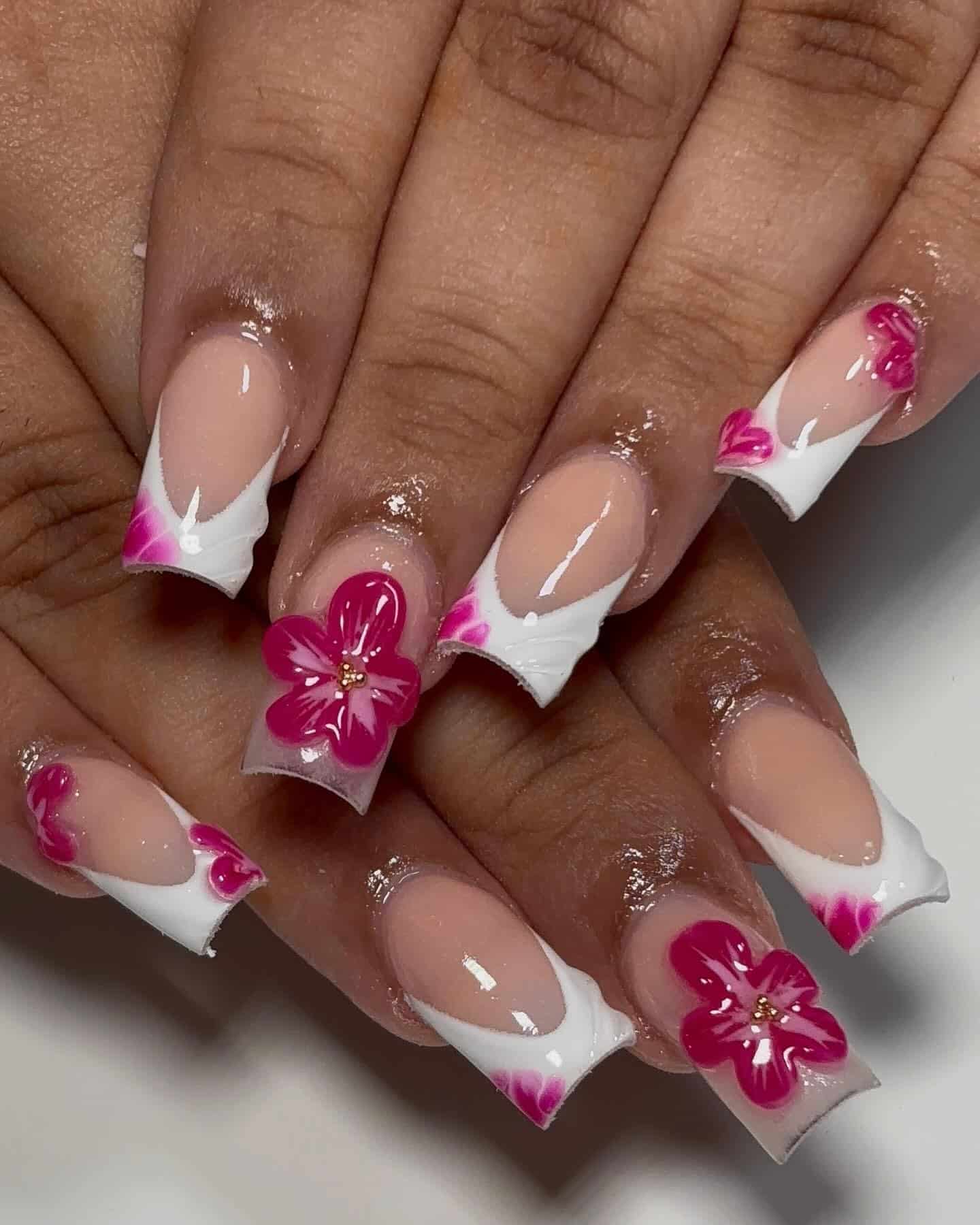 10. White and Pink Floral French Nails - nail ideas for birthday