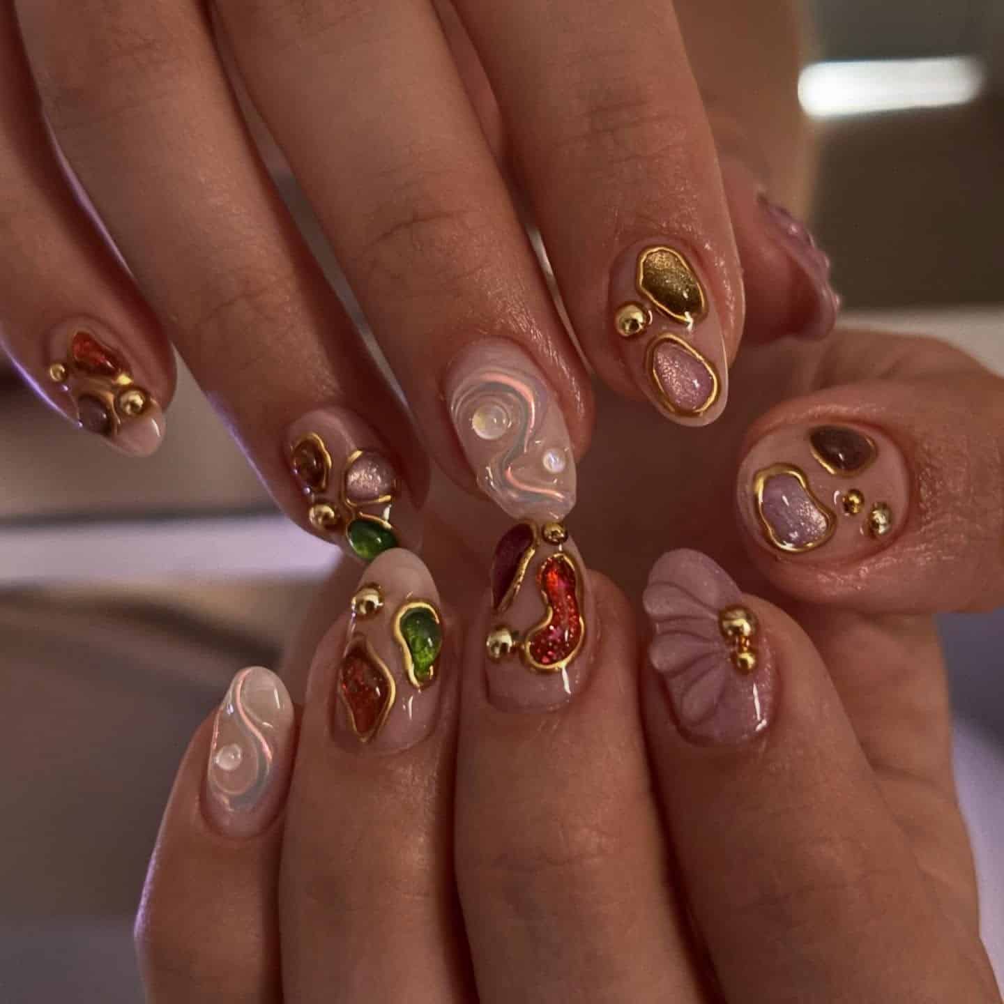 11. Gemstone Aura Nails with Gold Outlines - nail ideas for birthday