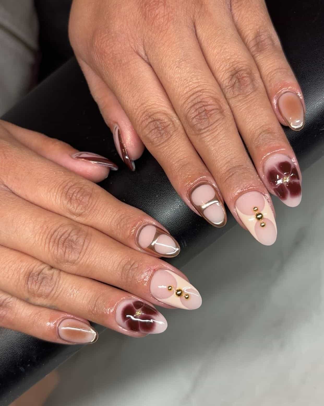 17. Chocolate Blossom Nails with Nude Base - nail ideas for birthday