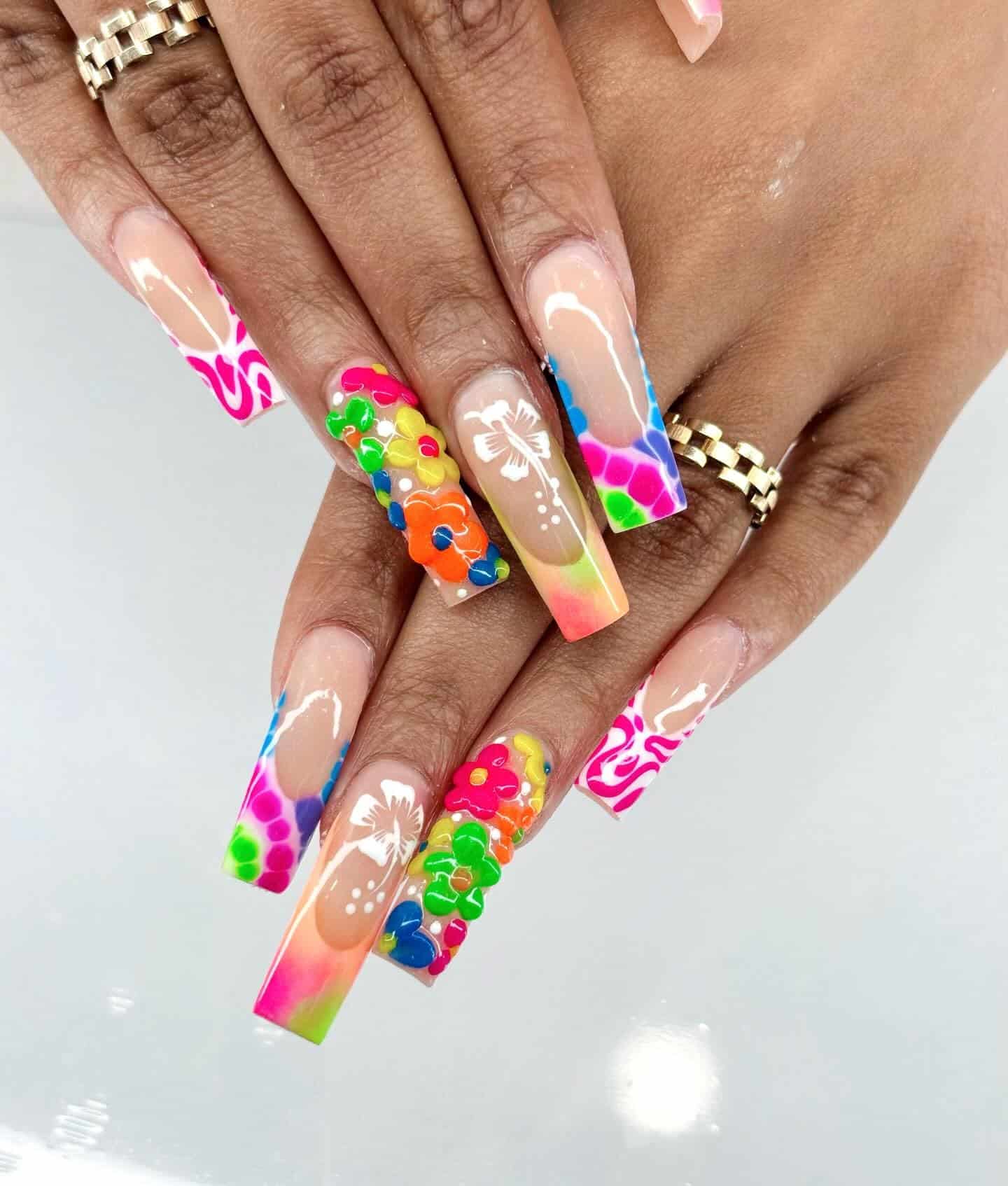 18. Rainbow Floral Celebration Nails - nail ideas for birthday
