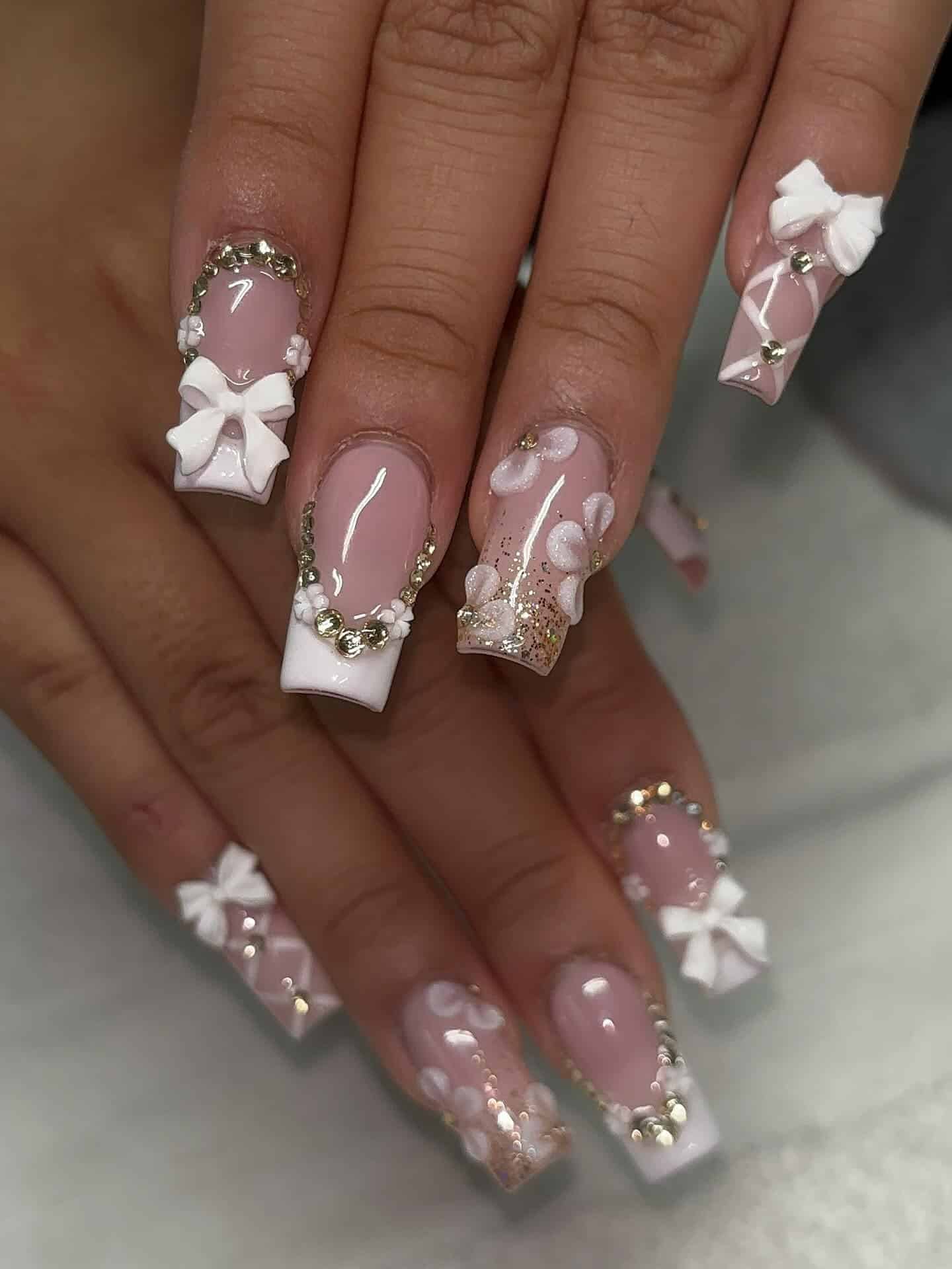 22. Pink Bow and Floral Glam Nails - nail ideas for birthday
