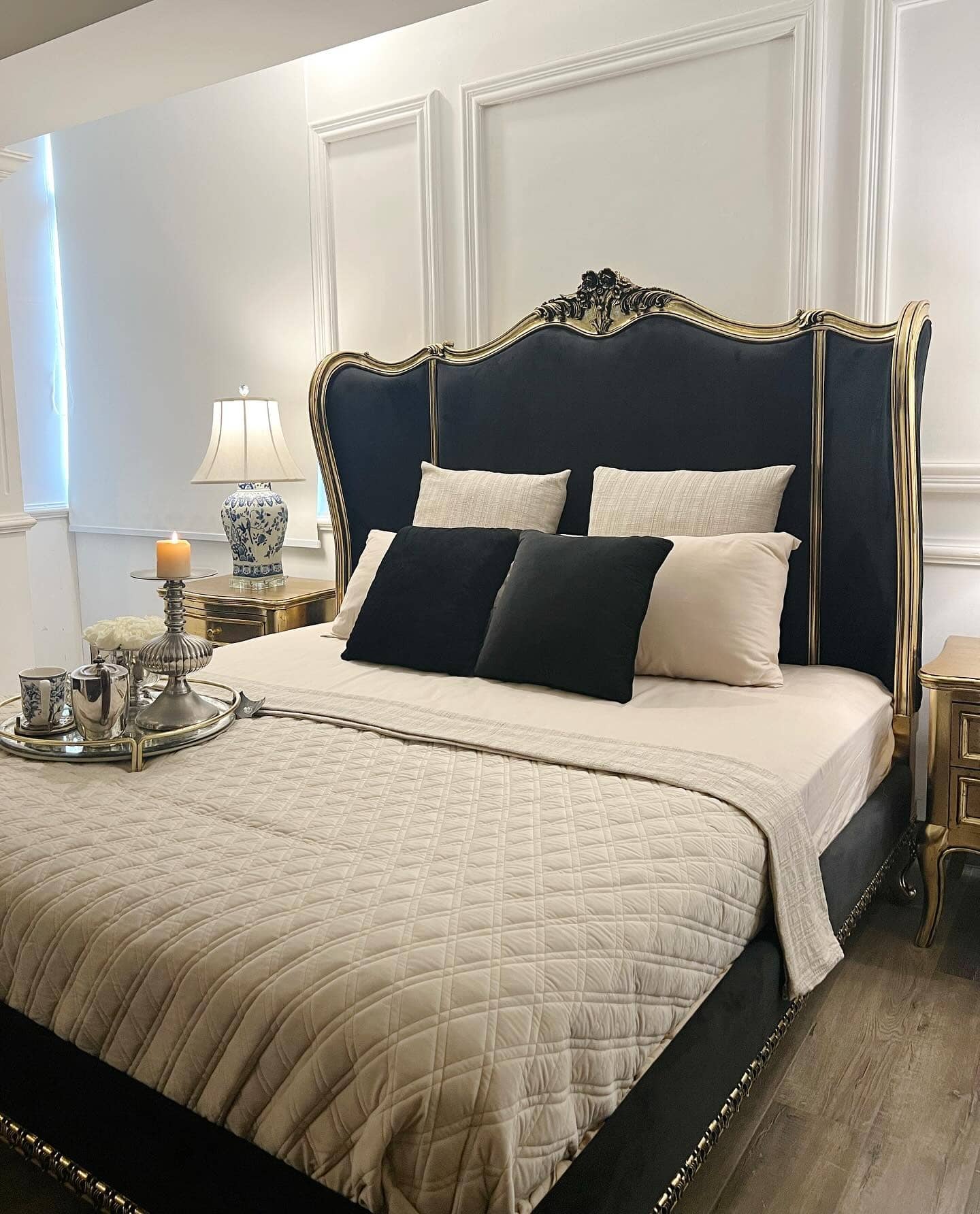 6. Modern Elegance with Gilded Accents - bedroom ideas with black furniture