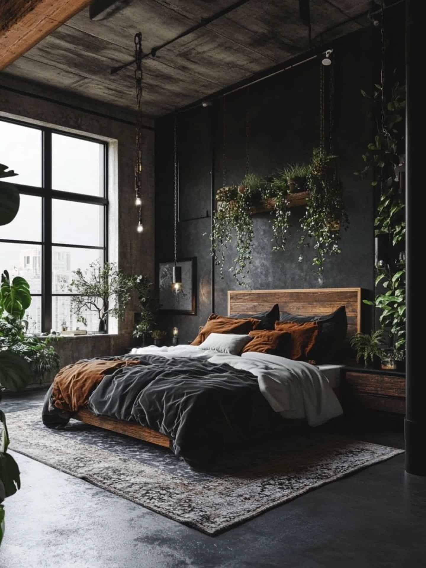 11. Industrial Green Escape - bedroom ideas with black furniture