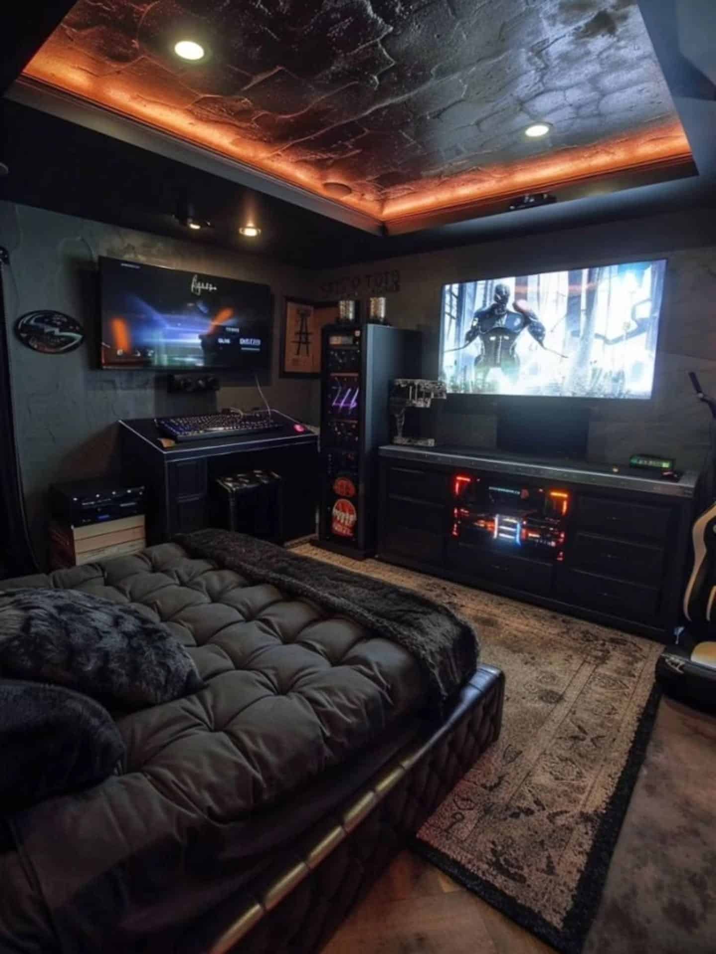 18. Cinematic Bedroom Experience - bedroom ideas with black furniture