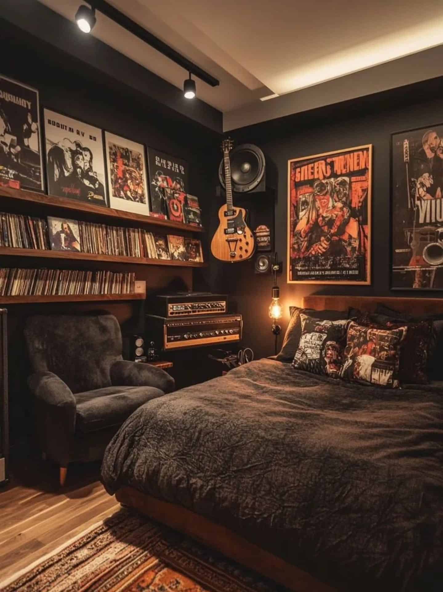 20. Rock-Inspired Bedroom Retreat - bedroom ideas with black furniture
