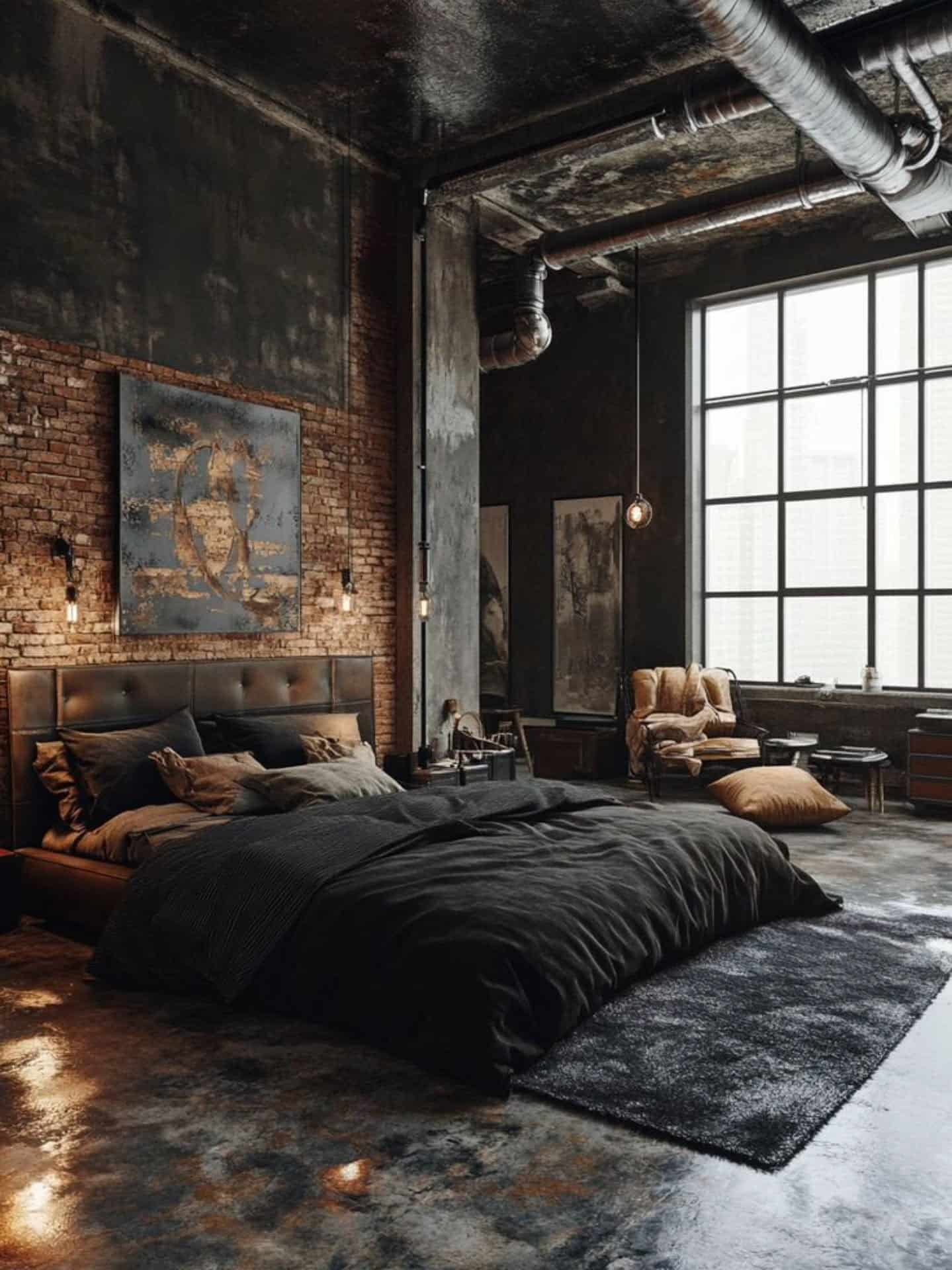 21. Industrial Loft with Black Accents - bedroom ideas with black furniture