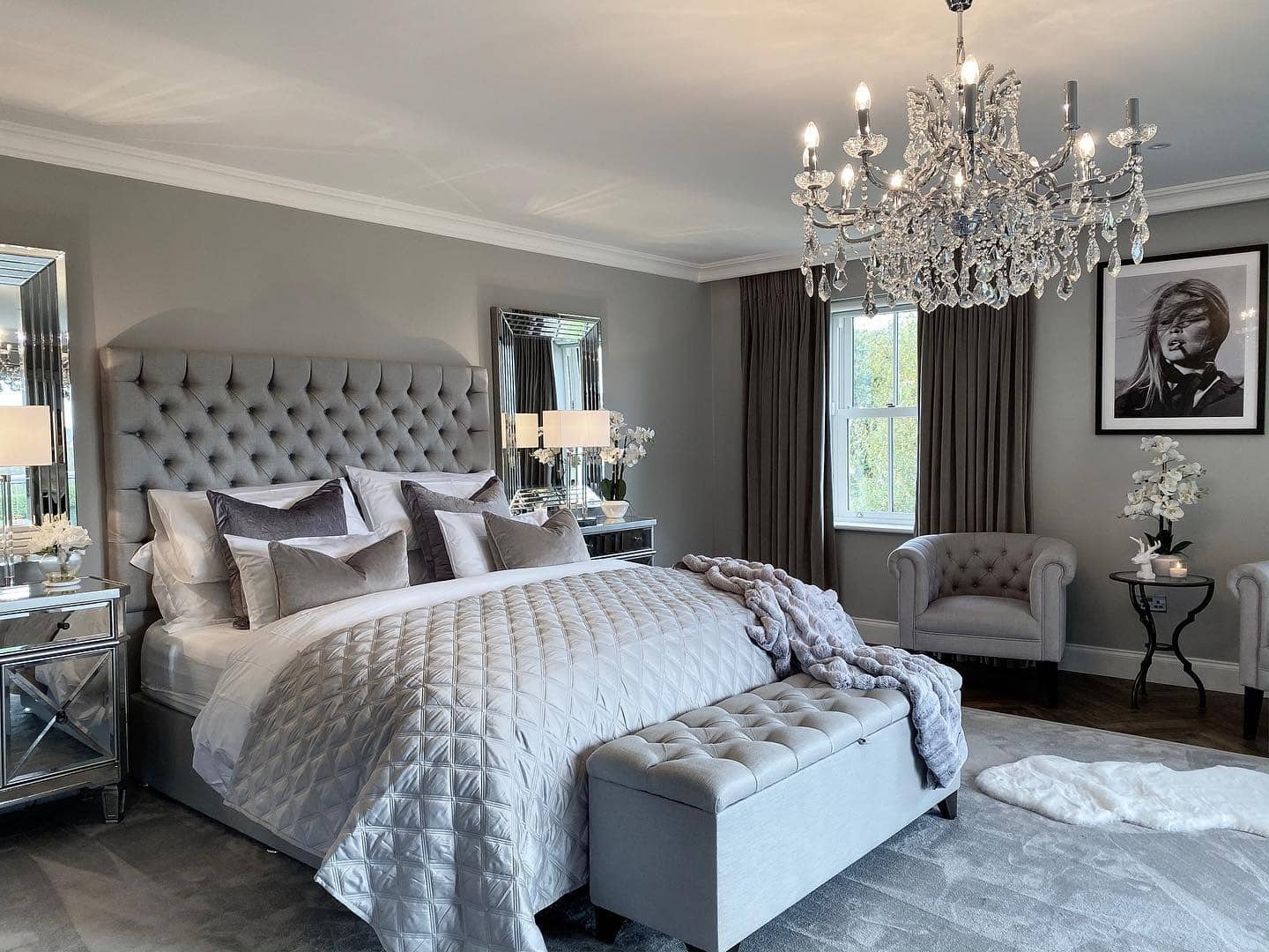 1. Elegant Silver Glamour with Crystal Accents - large bedroom ideas