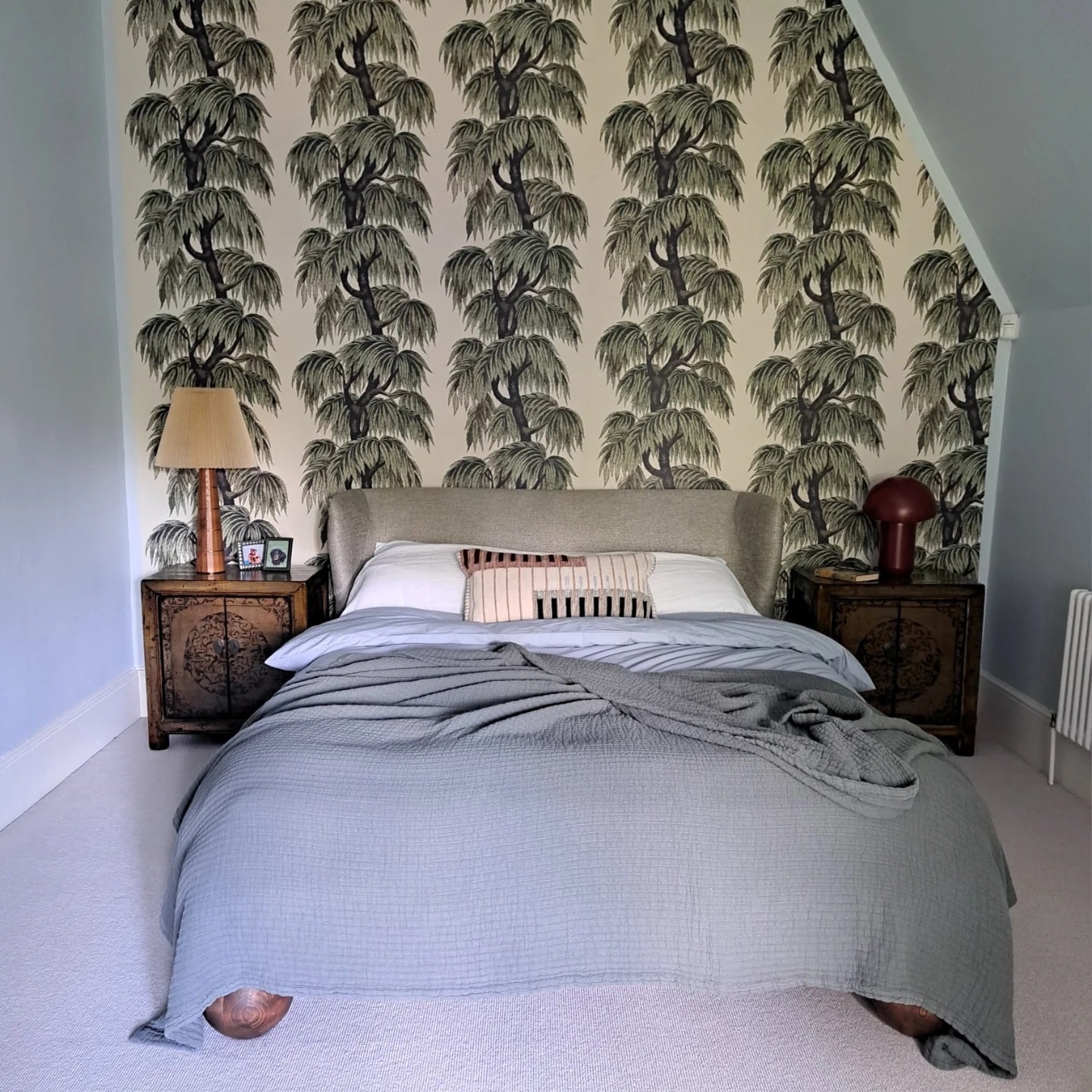 5. Botanical Statement with Patterned Wall - large bedroom ideas