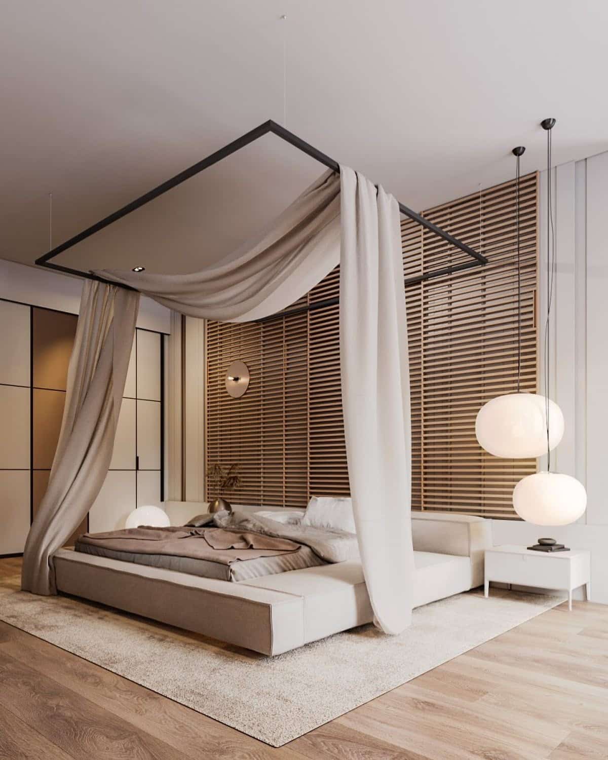 8. Sculptural Modern Minimalism with Soft Draping - large bedroom ideas
