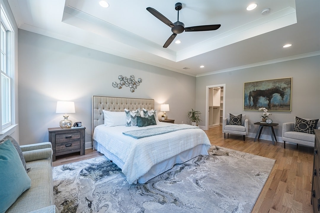 18. Elegant Transitional with Cool Blue Accents - large bedroom ideas