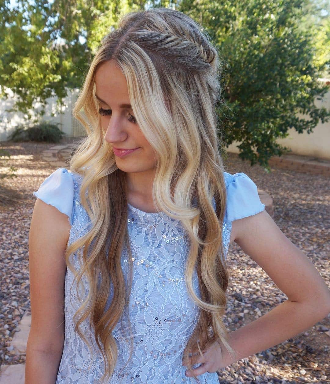 20. Half-Up Fishtail with Loose Waves on Blonde Hair - Hairstyles For School