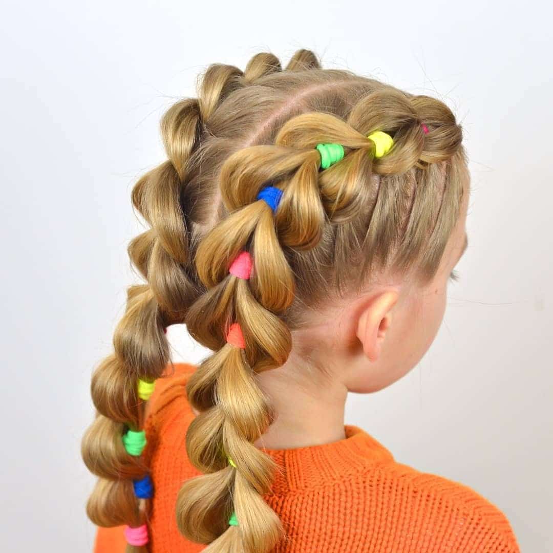 21. Double Bubble Braids with Colorful Elastics on Blonde Hair - Hairstyles For School