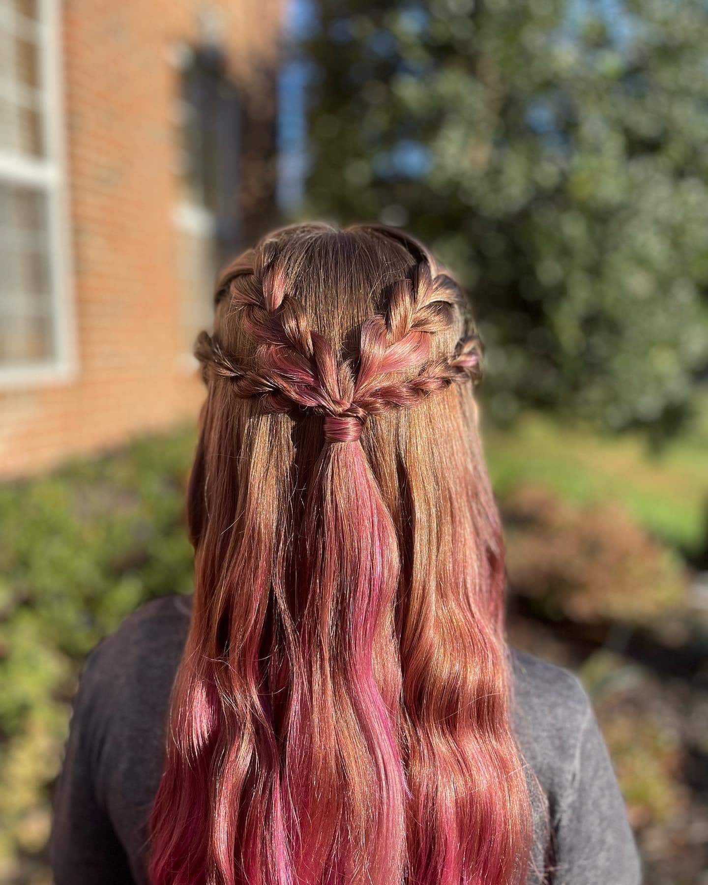 22. Waterfall Half-Up Braids on Chestnut Hair with Pink Highlights - Hairstyles For School