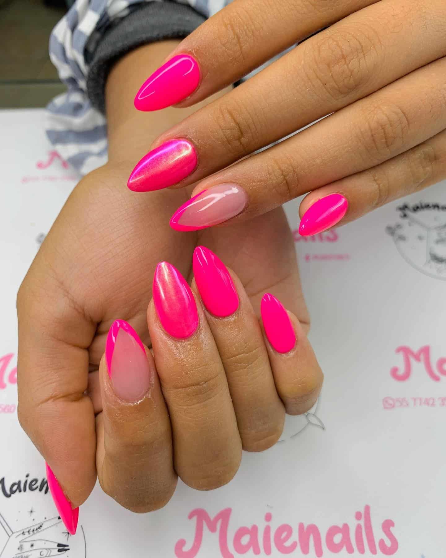 7. Mixed Finish Neon Pink Almonds - neon pink nail ideas