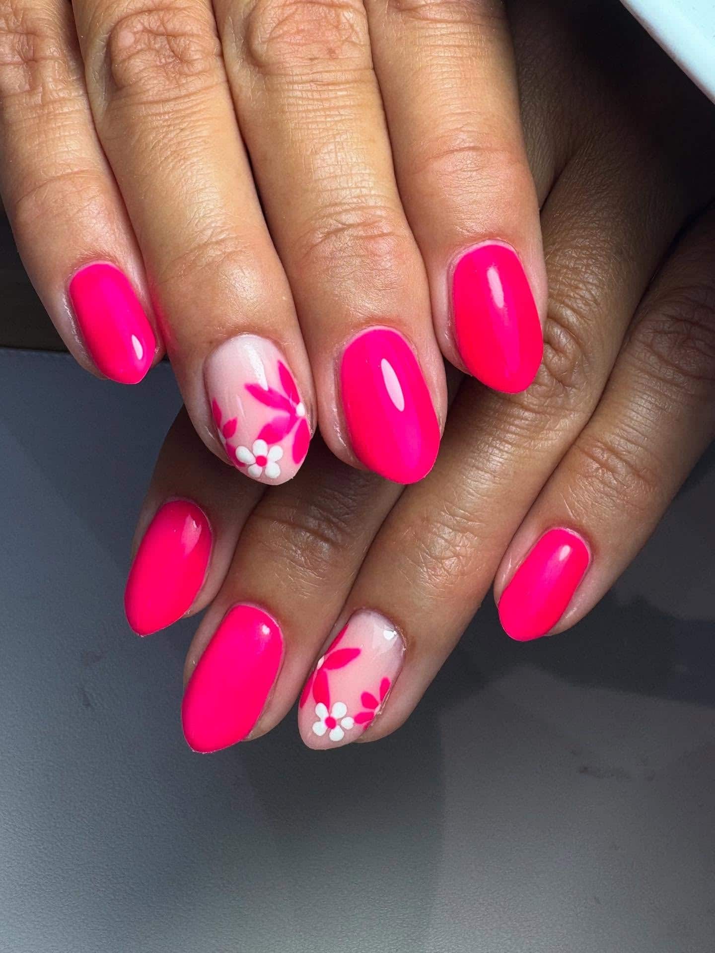 10. Floral Neon Pink Accent Nails - neon pink nail ideas