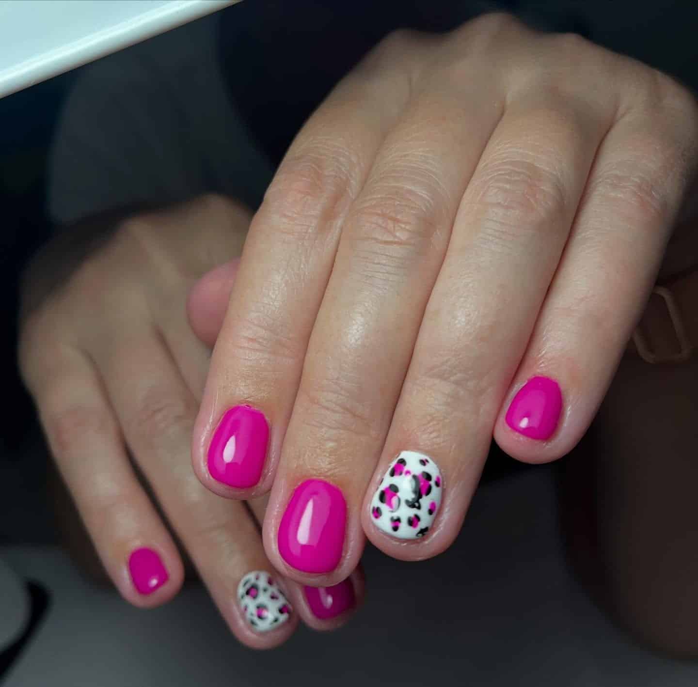 15. Neon Pink with Leopard Print Accents - neon pink nail ideas