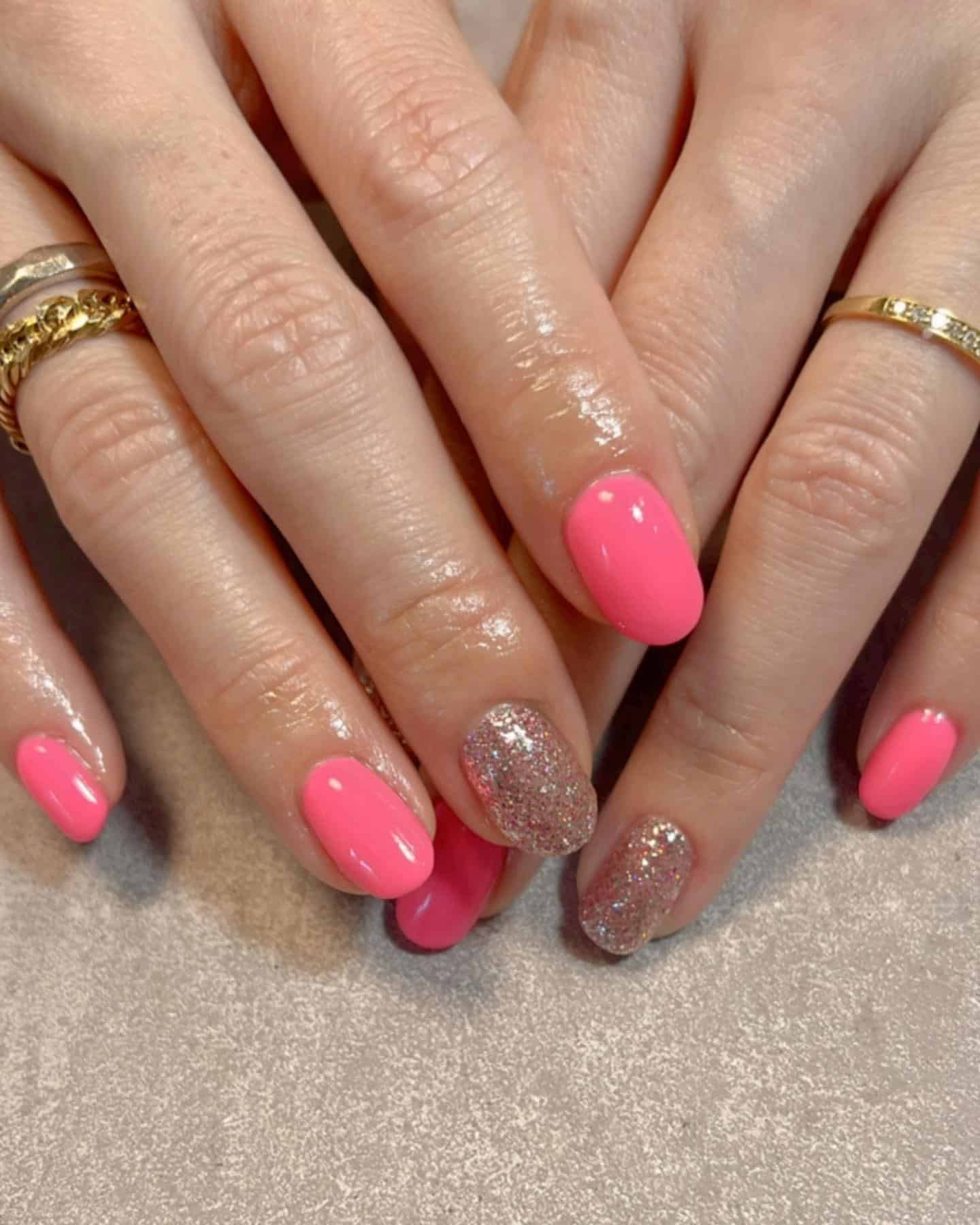 17. Neon Pink and Glitter Combo - neon pink nail ideas