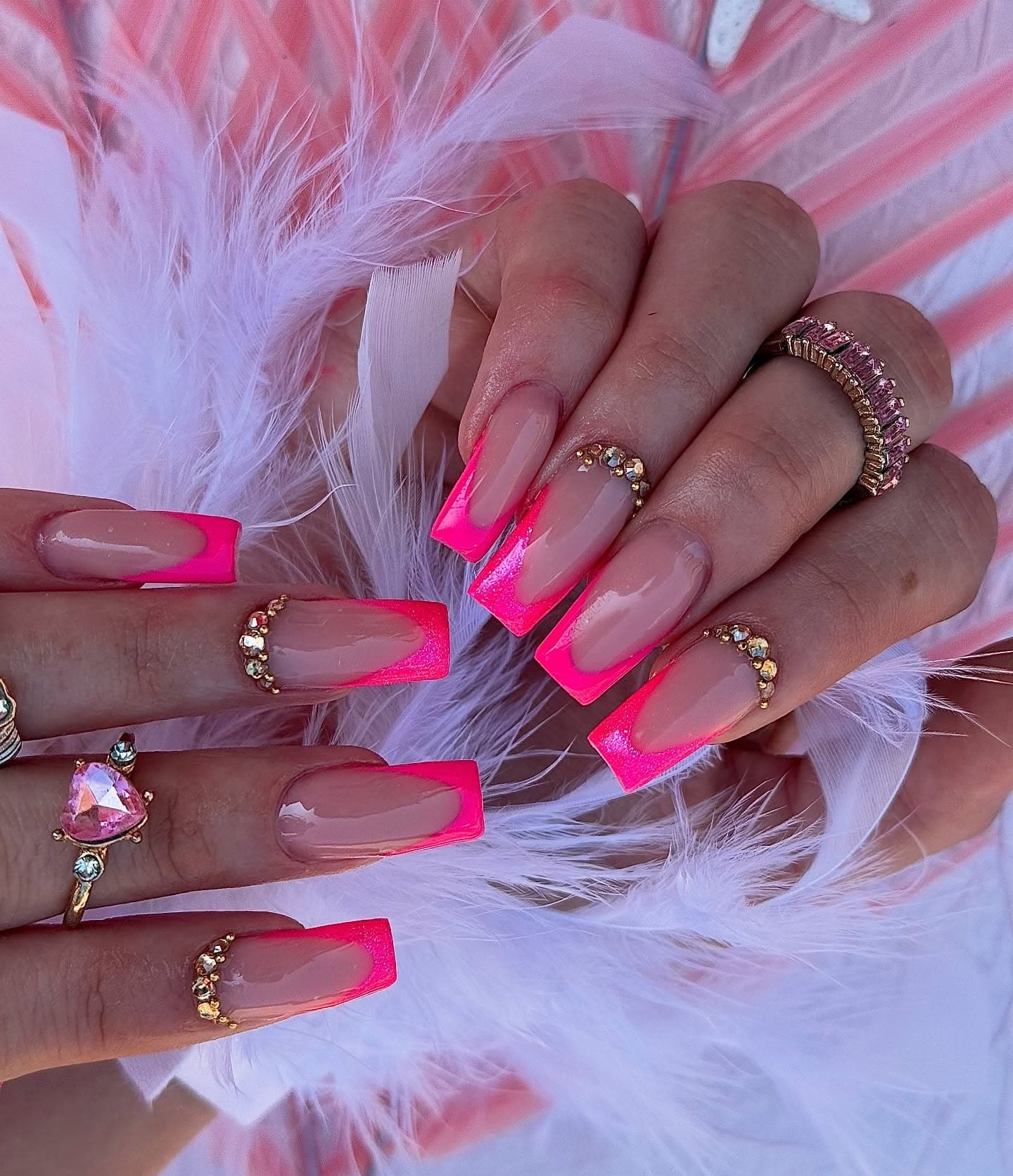 19. Neon Pink French with Gemstone Accents - neon pink nail ideas