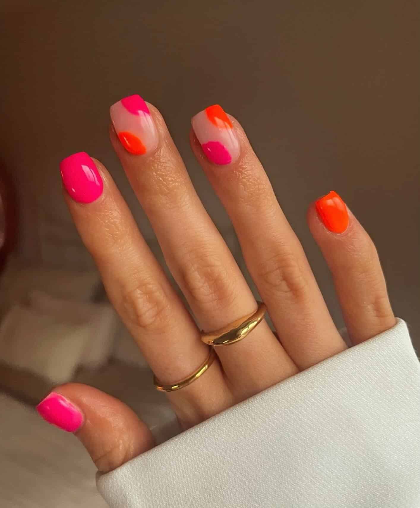 22. Abstract Neon Pink and Orange Squares - neon pink nail ideas