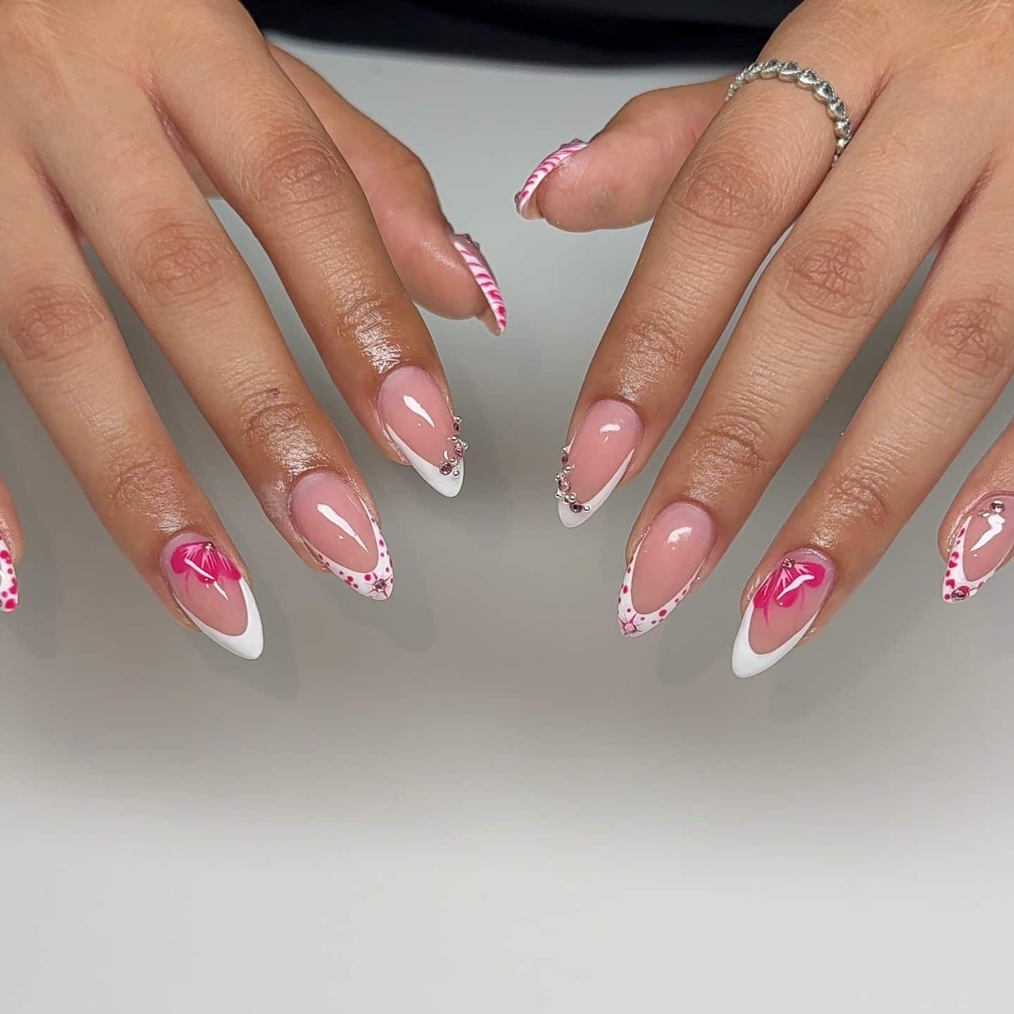 8. Pink Accented Almond French - overlay nail ideas